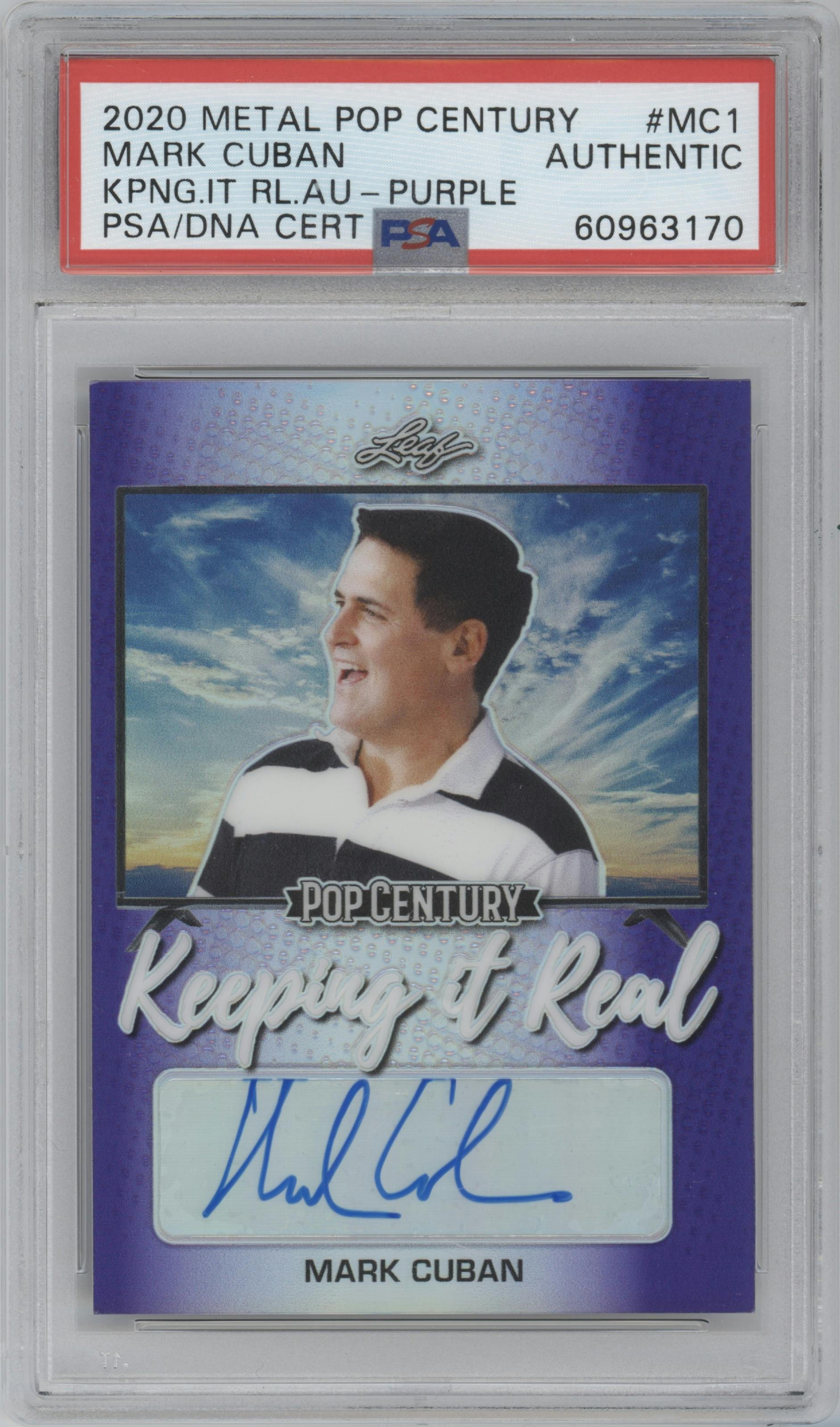 Mark Cuban from the 2020 Leaf Metal Pop Century set featuring a Purple parallel graded by PSA.