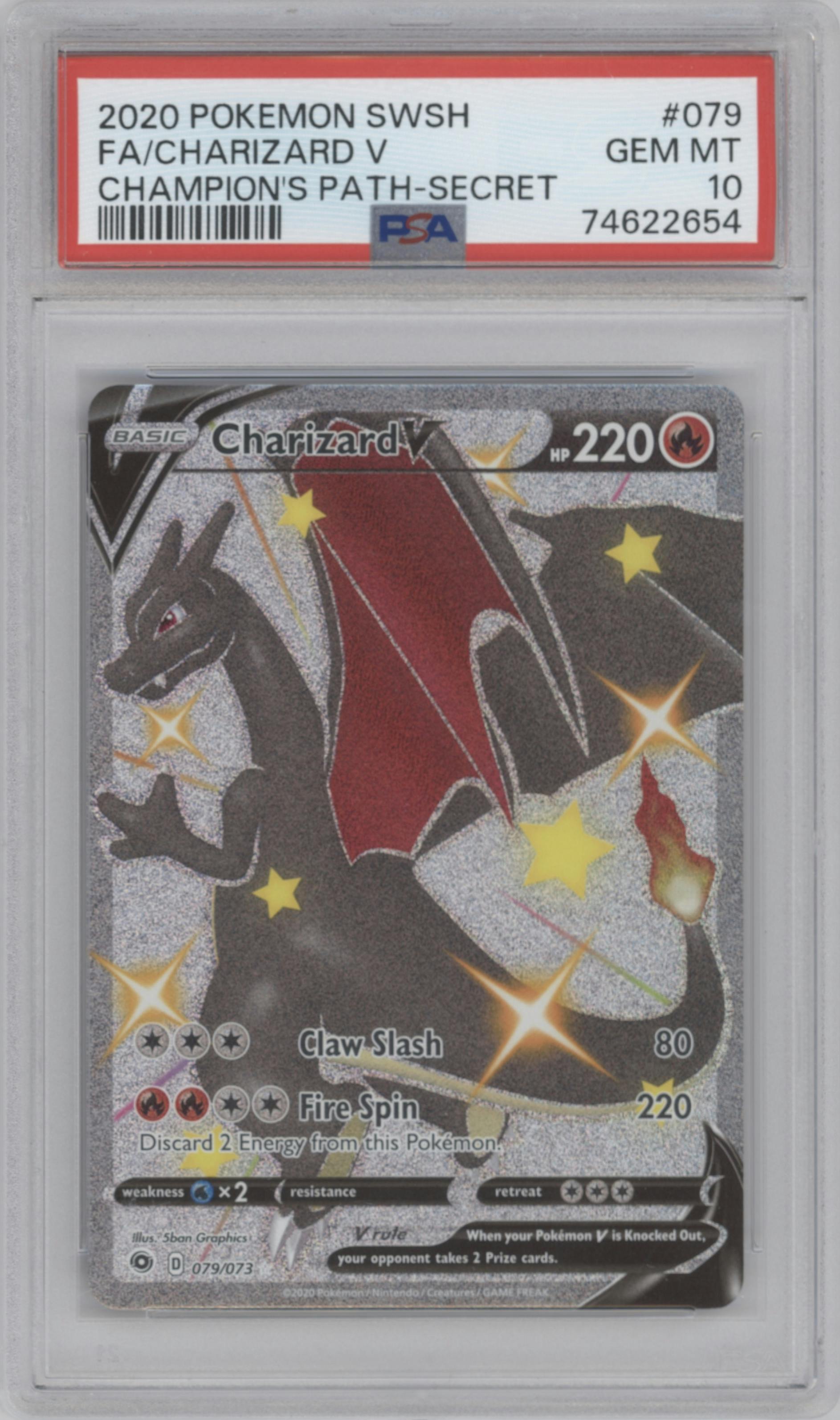 Charizard V from the 2020 Pokemon SWSH set graded by PSA and given an overall grade of 10.