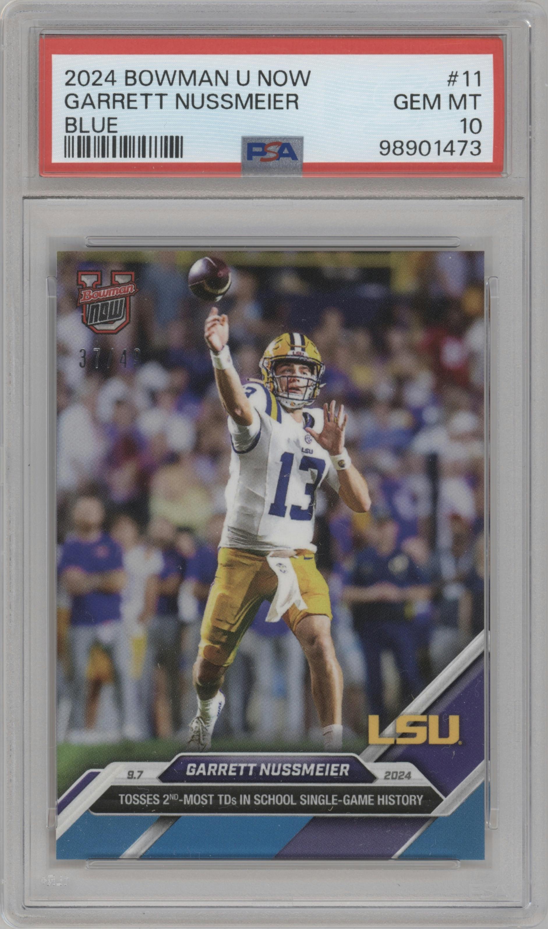 Garrett Nussmeier  from the 2024 Bowman U Now set featuring a Blue parallel graded by PSA and given an overall grade of 10.