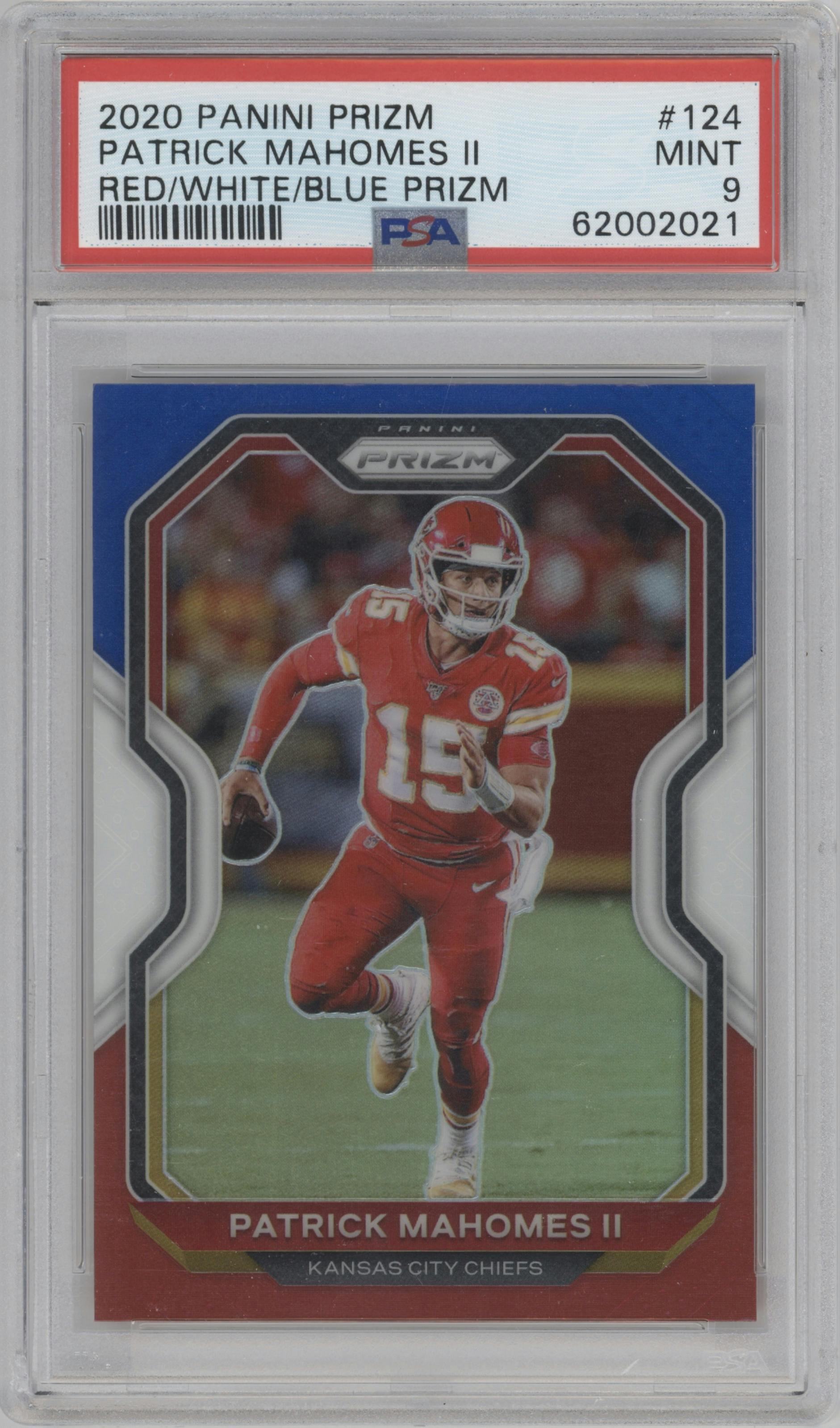 Patrick Mahomes II from the 2020 Panini Prizm set featuring a Red/White/Blue Prizm parallel graded by PSA and given an overall grade of 9.