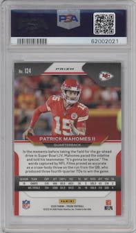 Patrick Mahomes II from the 2020 Panini Prizm set featuring a Red/White/Blue Prizm parallel graded by PSA and given an overall grade of 9.