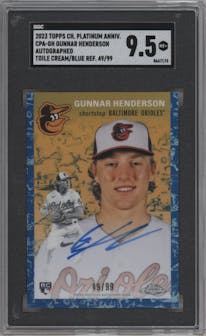 Gunnar Henderson from the 2023 Topps Chrome Platinum Anniversary set featuring a Toile Cream Blue Refractor parallel graded by SGC and given an overall grade of 9.5.