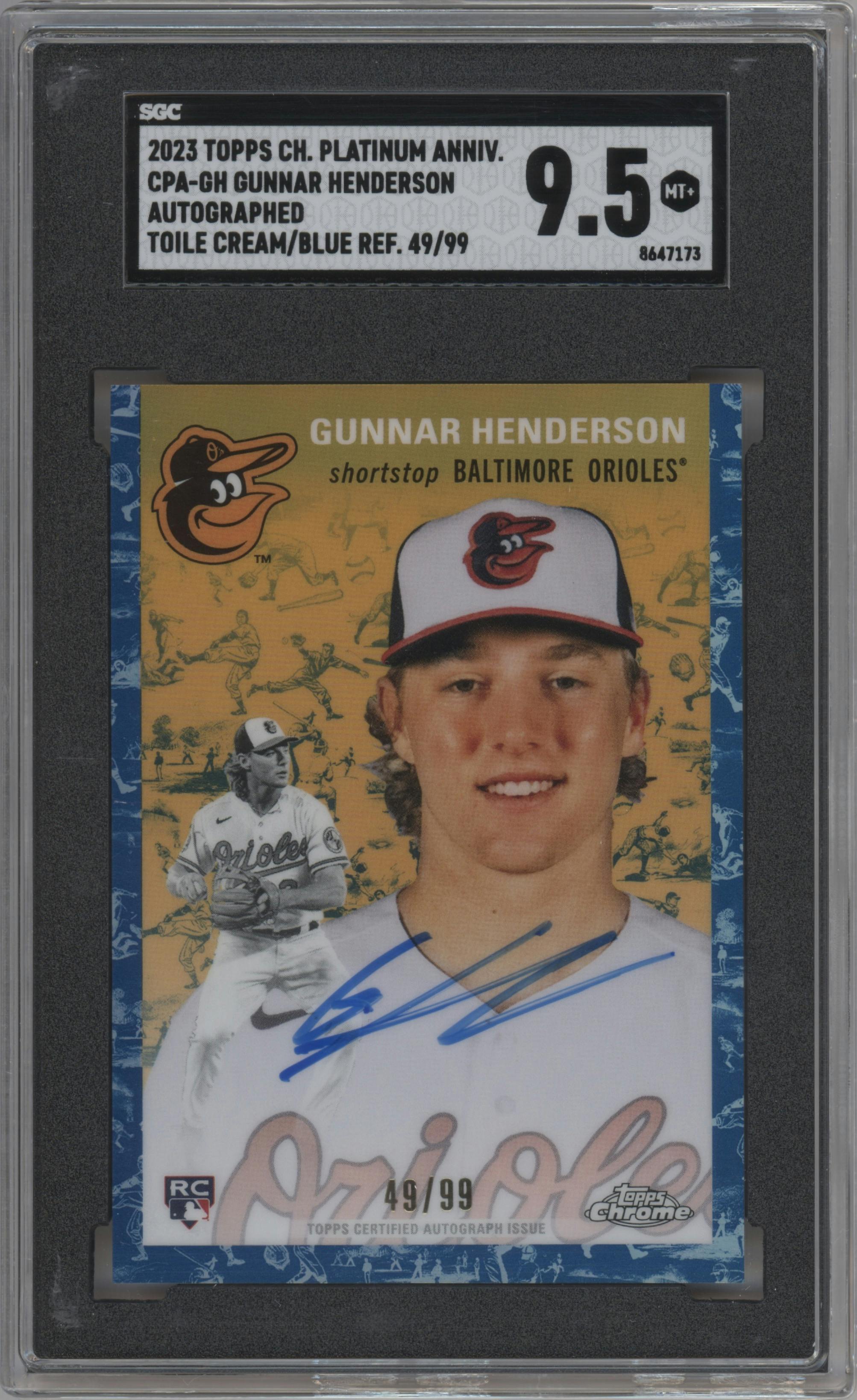 Gunnar Henderson from the 2023 Topps Chrome Platinum Anniversary set featuring a Toile Cream Blue Refractor parallel graded by SGC and given an overall grade of 9.5.