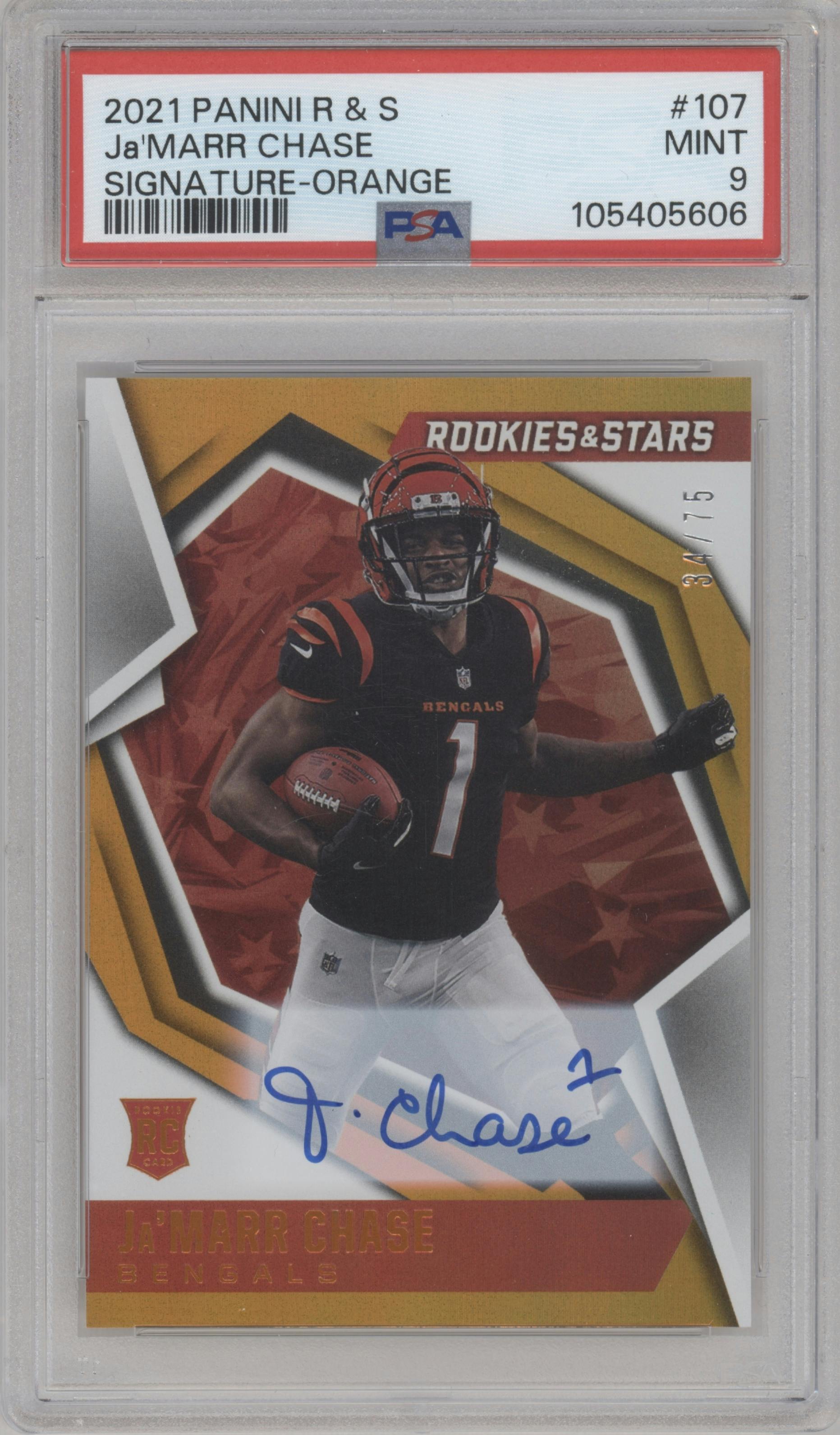Ja'Marr Chase from the 2021 Panini Rookies & Stars set featuring a Orange parallel graded by PSA and given an overall grade of 9.