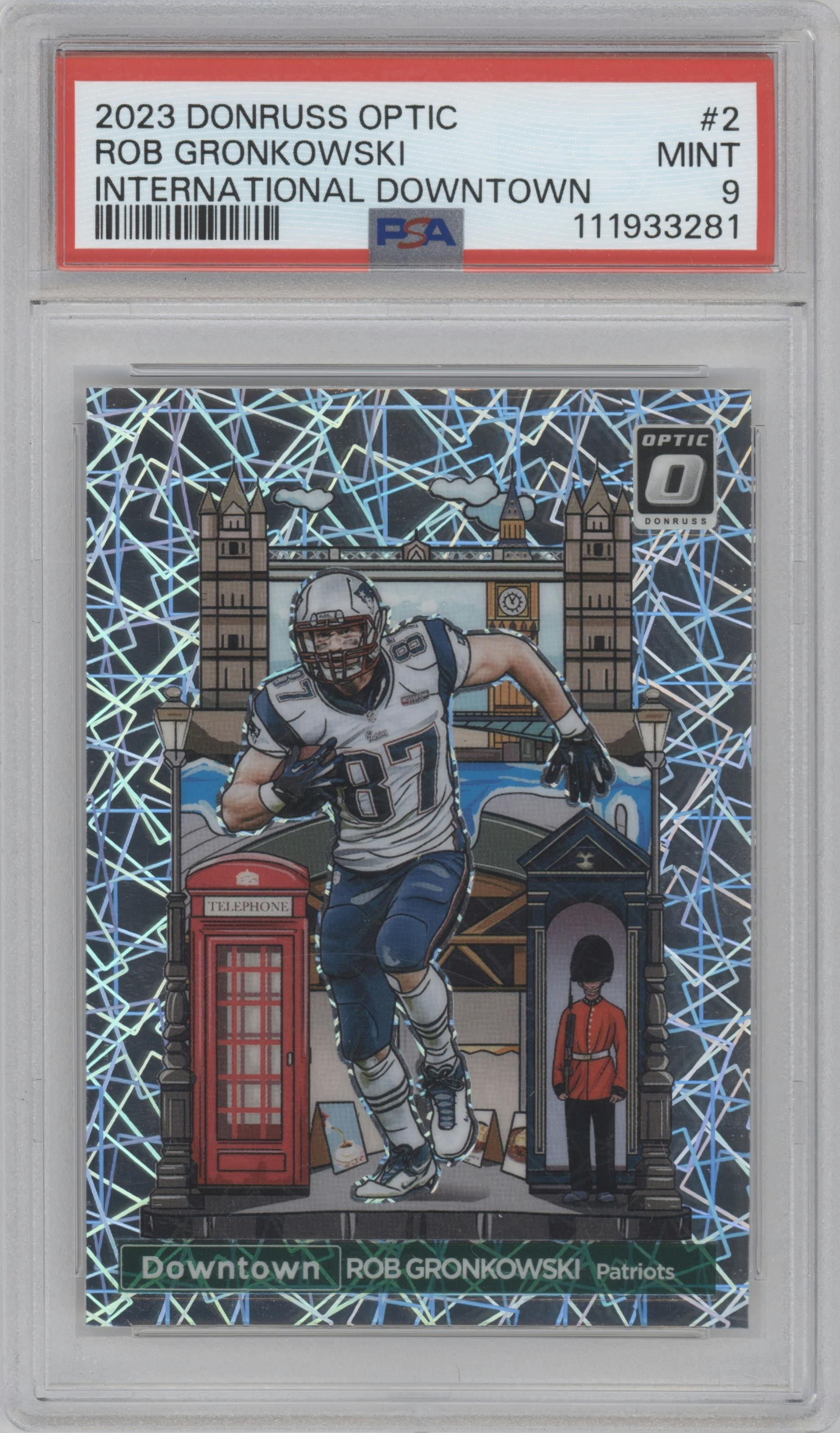 Rob Gronkowski from the 2023 Donruss Optic set graded by PSA and given an overall grade of 9.