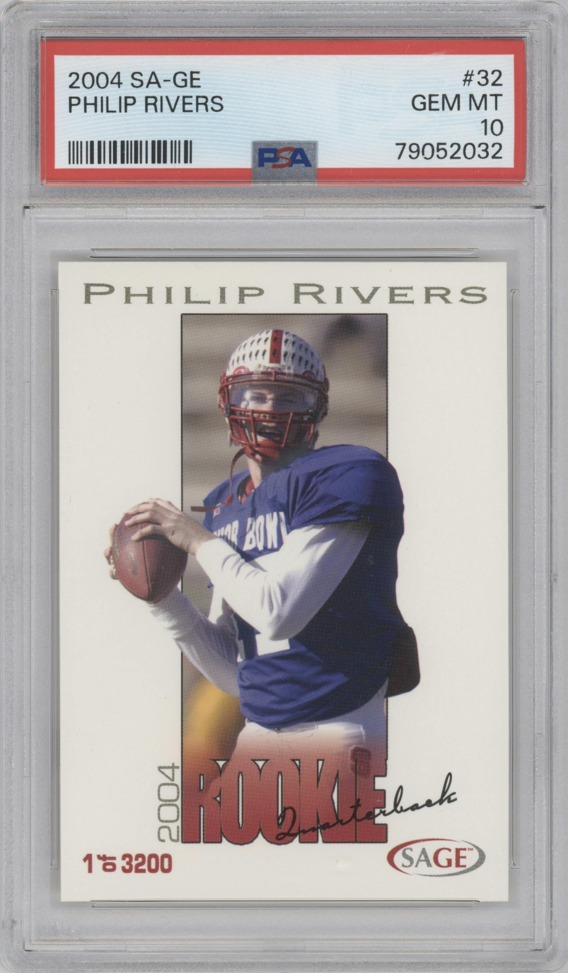 Philip Rivers from the 2004 Sage set graded by PSA and given an overall grade of 10.