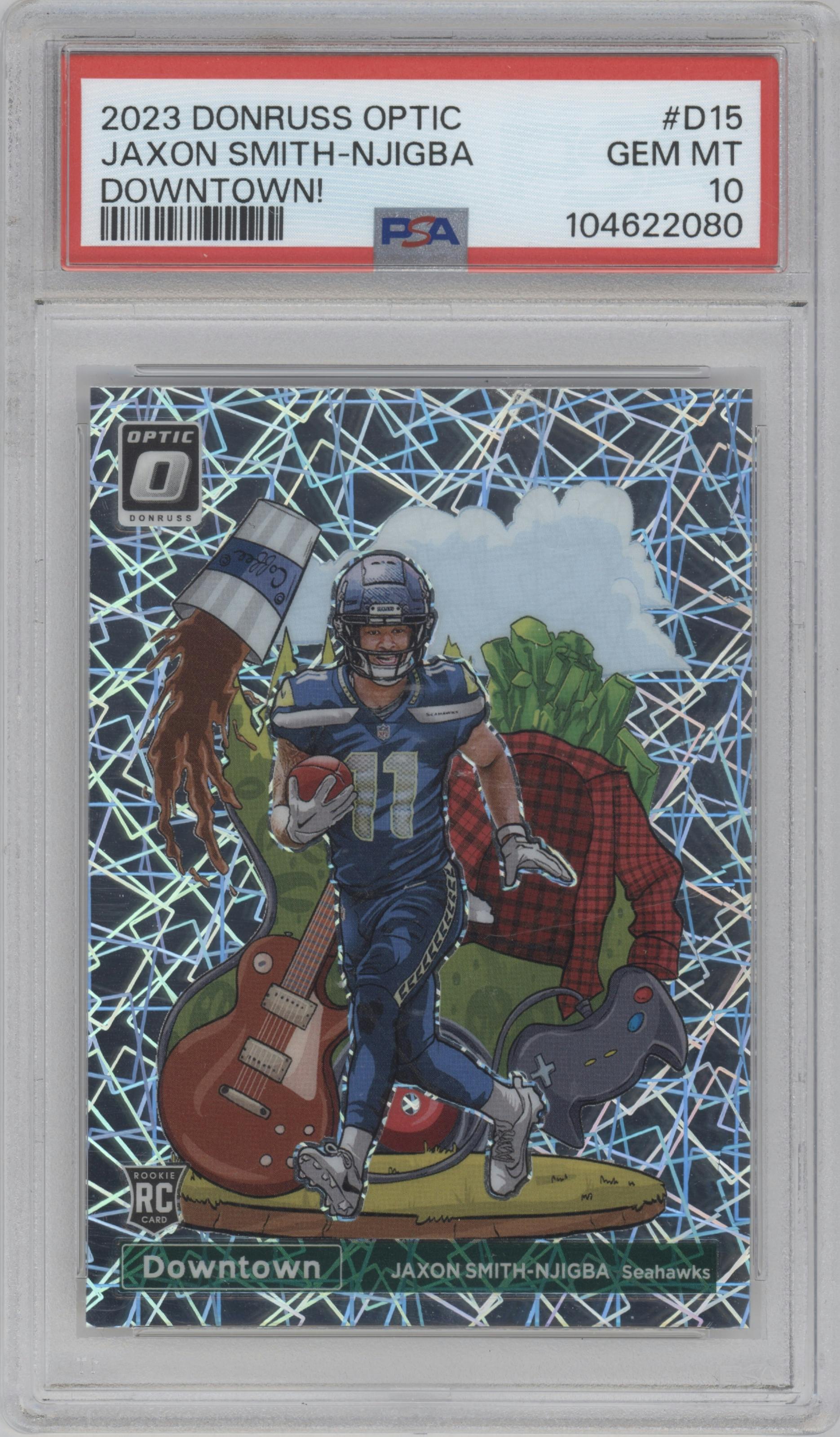 Jaxon Smith-Njigba from the 2023 Donruss Optic set graded by PSA and given an overall grade of 10.