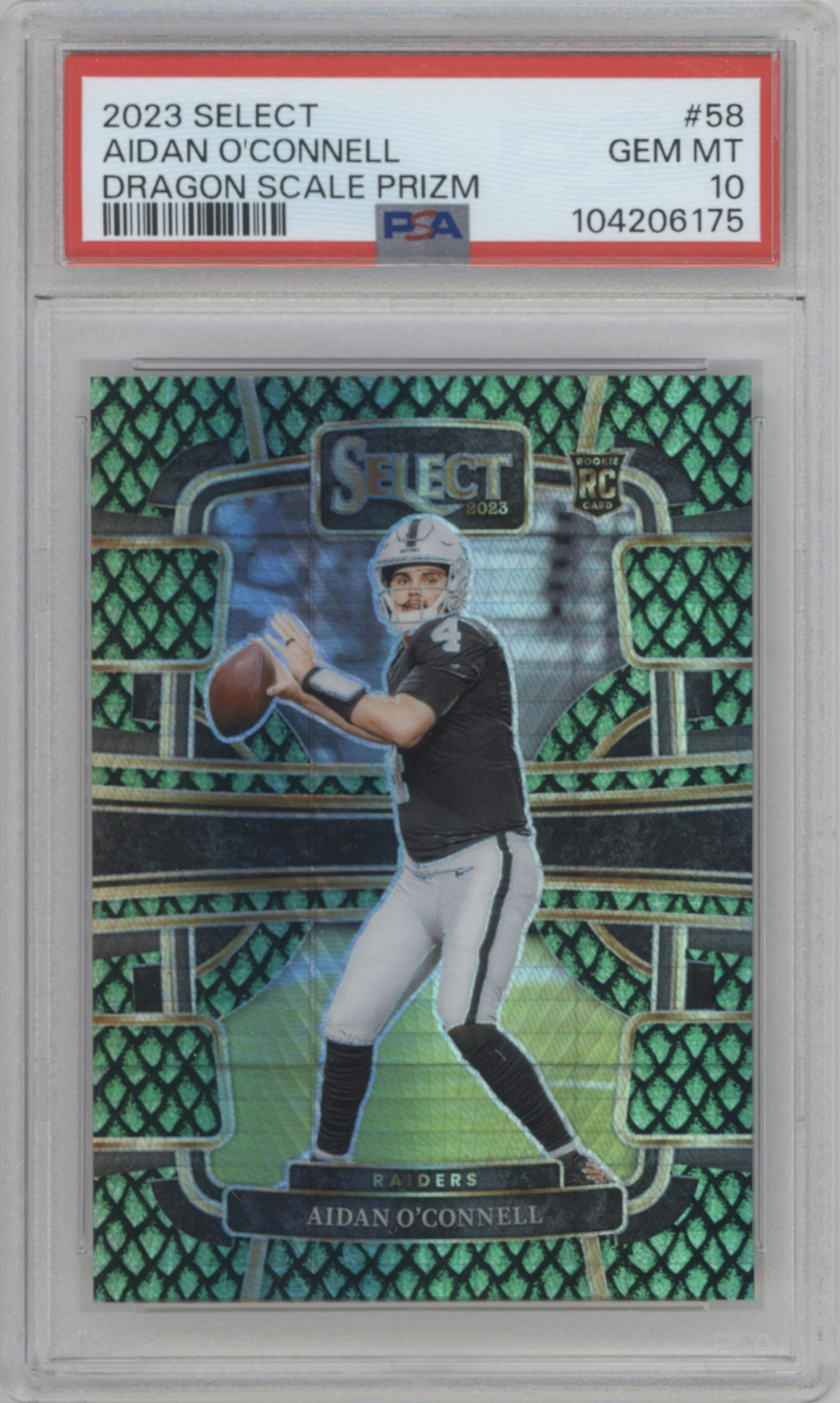 Aidan O'Connell from the 2023 Panini Select set featuring a Dragon Scale parallel graded by PSA and given an overall grade of 10.