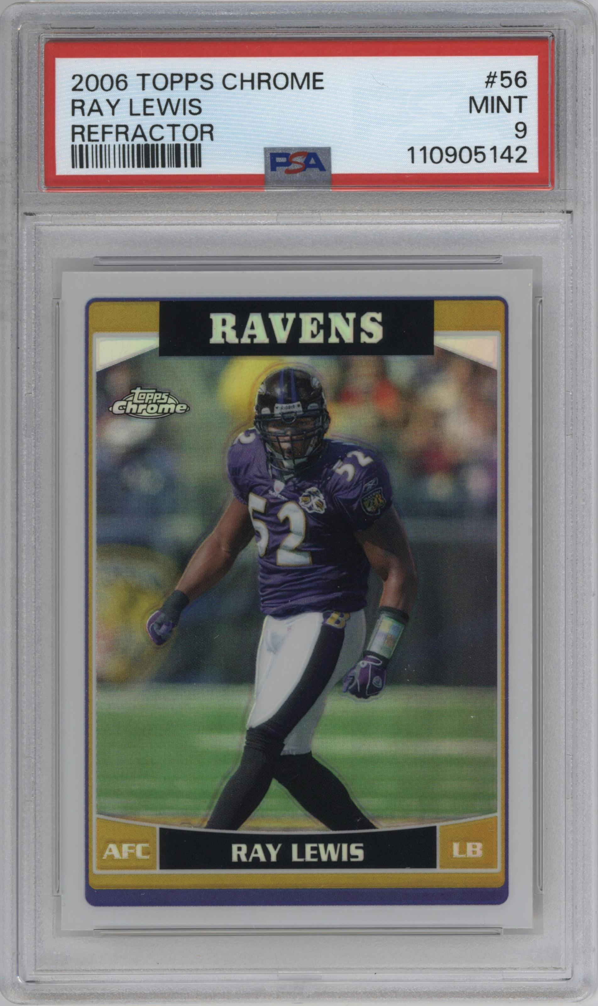 Ray Lewis from the 2006 Topps Chrome set featuring a Refractor parallel graded by PSA and given an overall grade of 9.