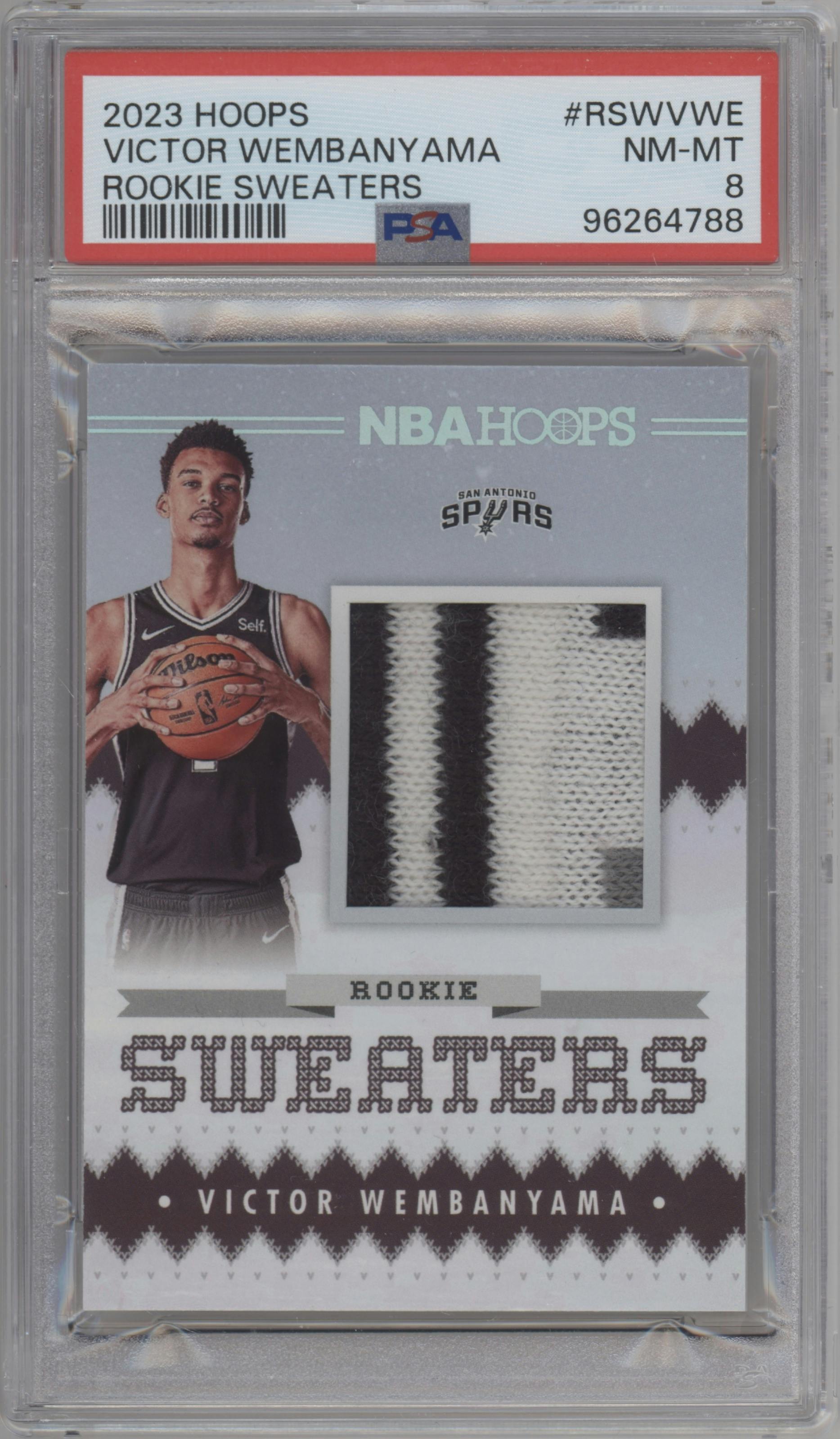 Victor Wembanyama from the 2023-24 Panini NBA Hoops set graded by PSA and given an overall grade of 8.