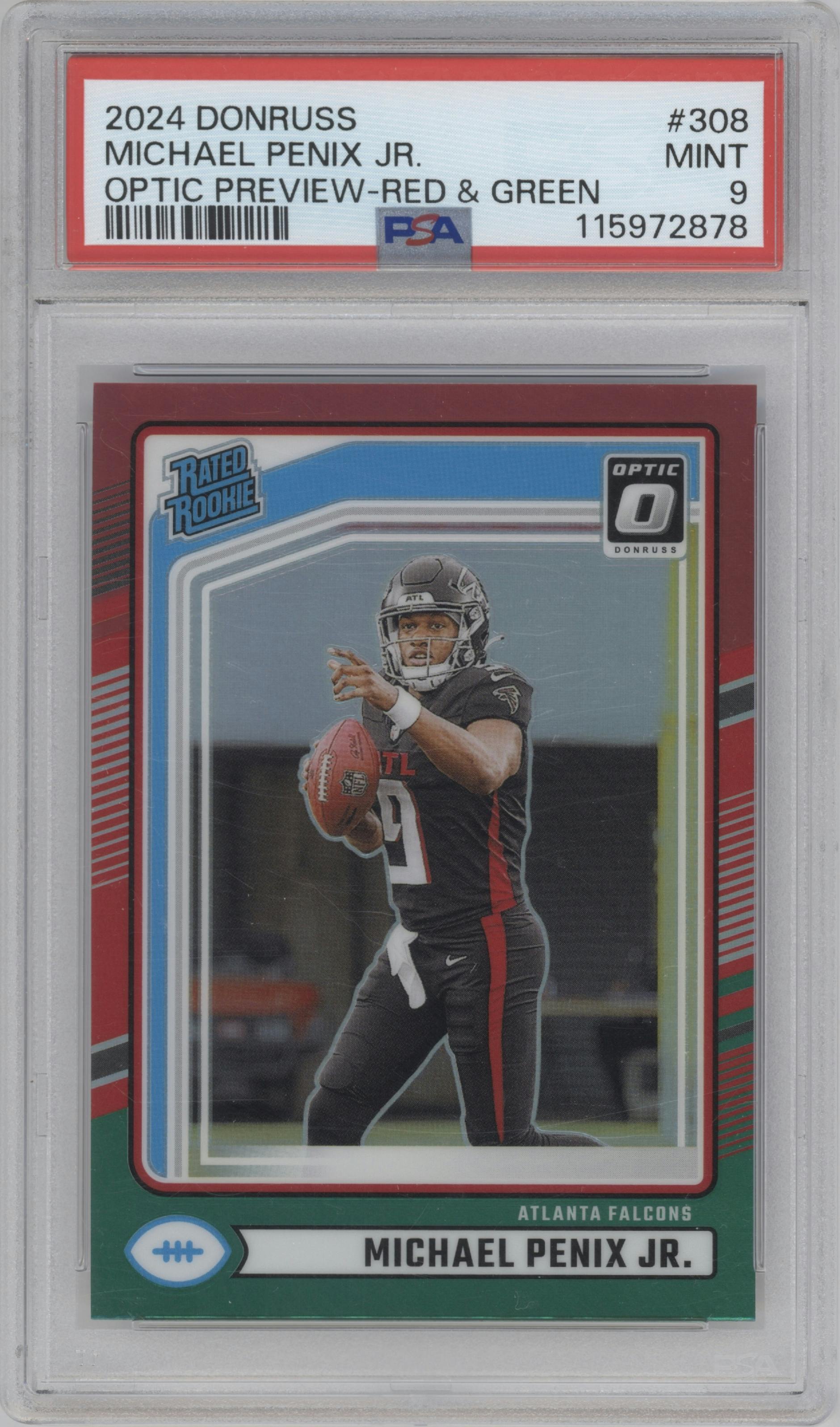 Michael Penix Jr.  from the 2024 Donruss set featuring a Red and Green parallel graded by PSA and given an overall grade of 9.