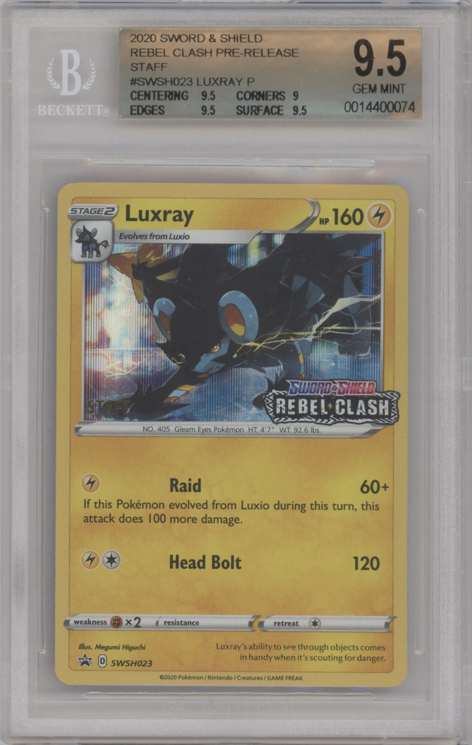2020 Pokemon SWSH Luxray Rebel Clash Prerelease Staff BGS 9.5