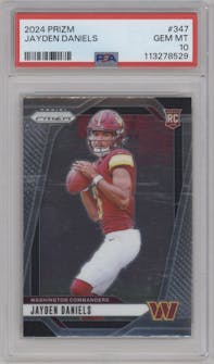 Jayden Daniels from the 2024 Panini Prizm set graded by PSA and given an overall grade of 10.