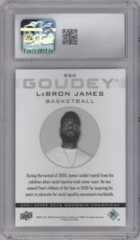 LeBron James from the 2021 Upper Deck Goodwin Champions set featuring a Black/Gold parallel graded by CSG and given an overall grade of 9.