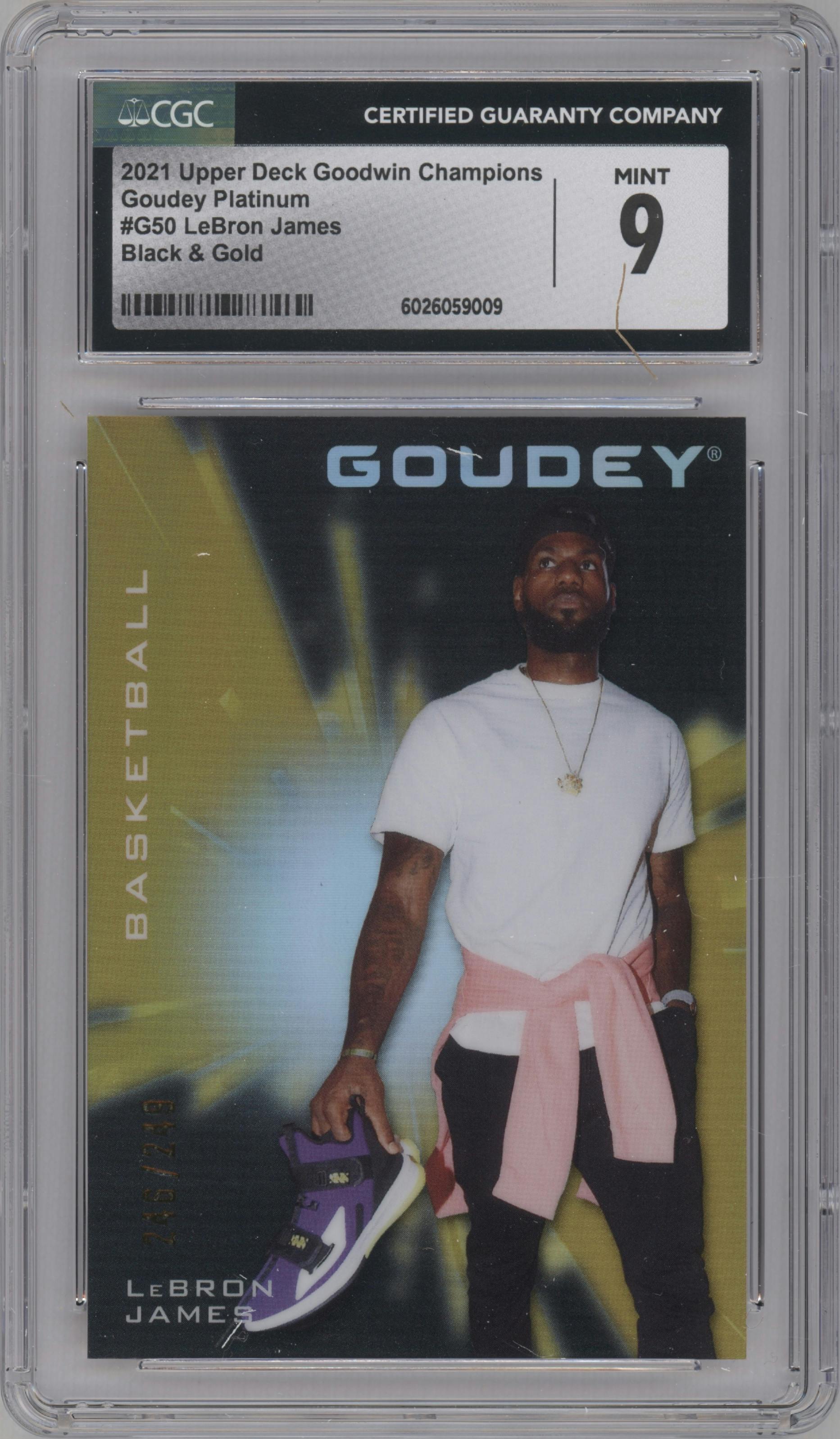 LeBron James from the 2021 Upper Deck Goodwin Champions set featuring a Black/Gold parallel graded by CSG and given an overall grade of 9.