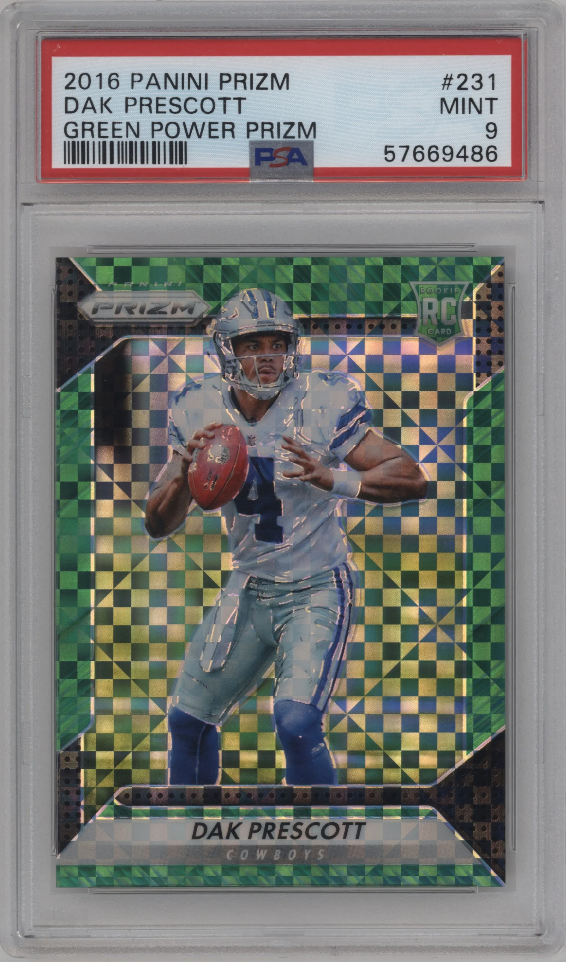 Dak Prescott from the 2016 Panini Prizm set featuring a Green Power Prizm  parallel graded by PSA and given an overall grade of 9.
