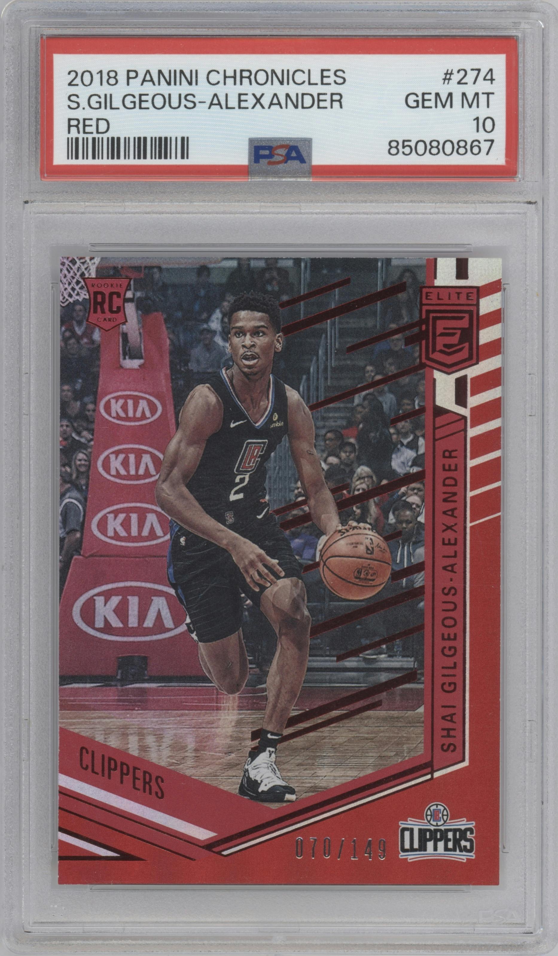 Shai Gilgeous-Alexander from the 2018-19 Panini Chronicles set featuring a Red parallel graded by PSA and given an overall grade of 10.