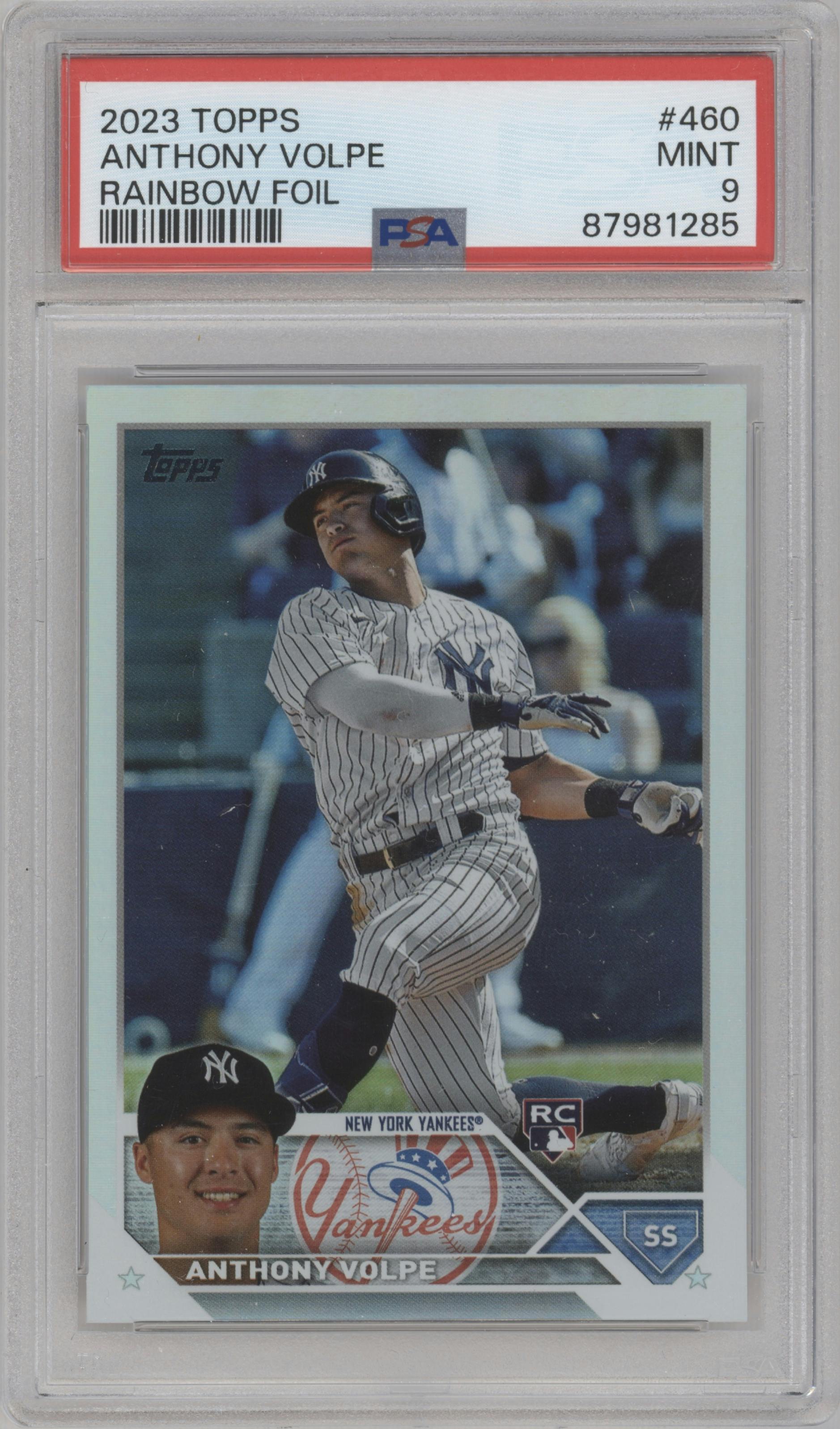 Anthony Volpe from the 2023 Topps Series 2 set featuring a Rainbow Foil parallel graded by PSA and given an overall grade of 9.