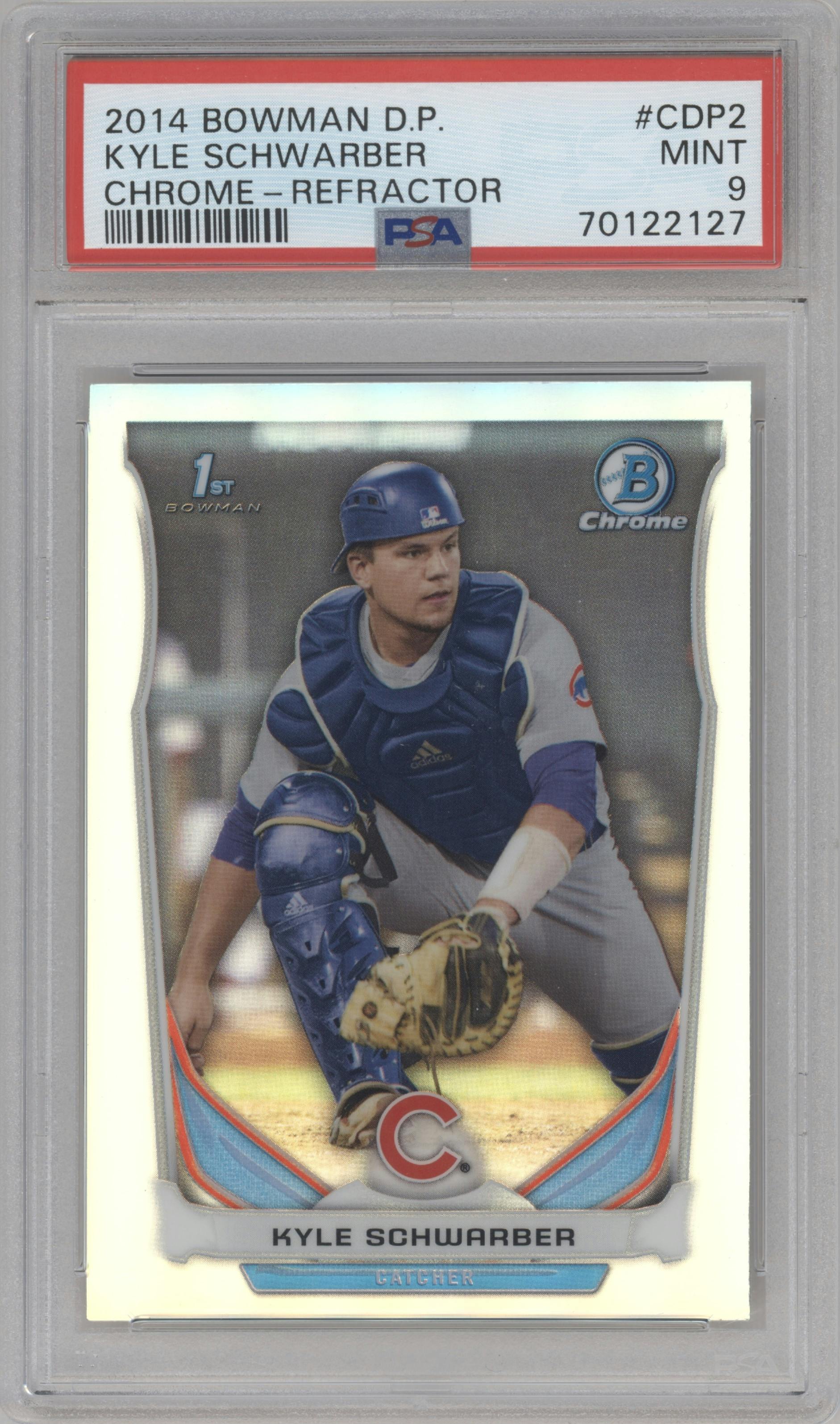 Kyle Schwarber from the 2014 Bowman Draft  set featuring a Refractor parallel graded by PSA and given an overall grade of 9.