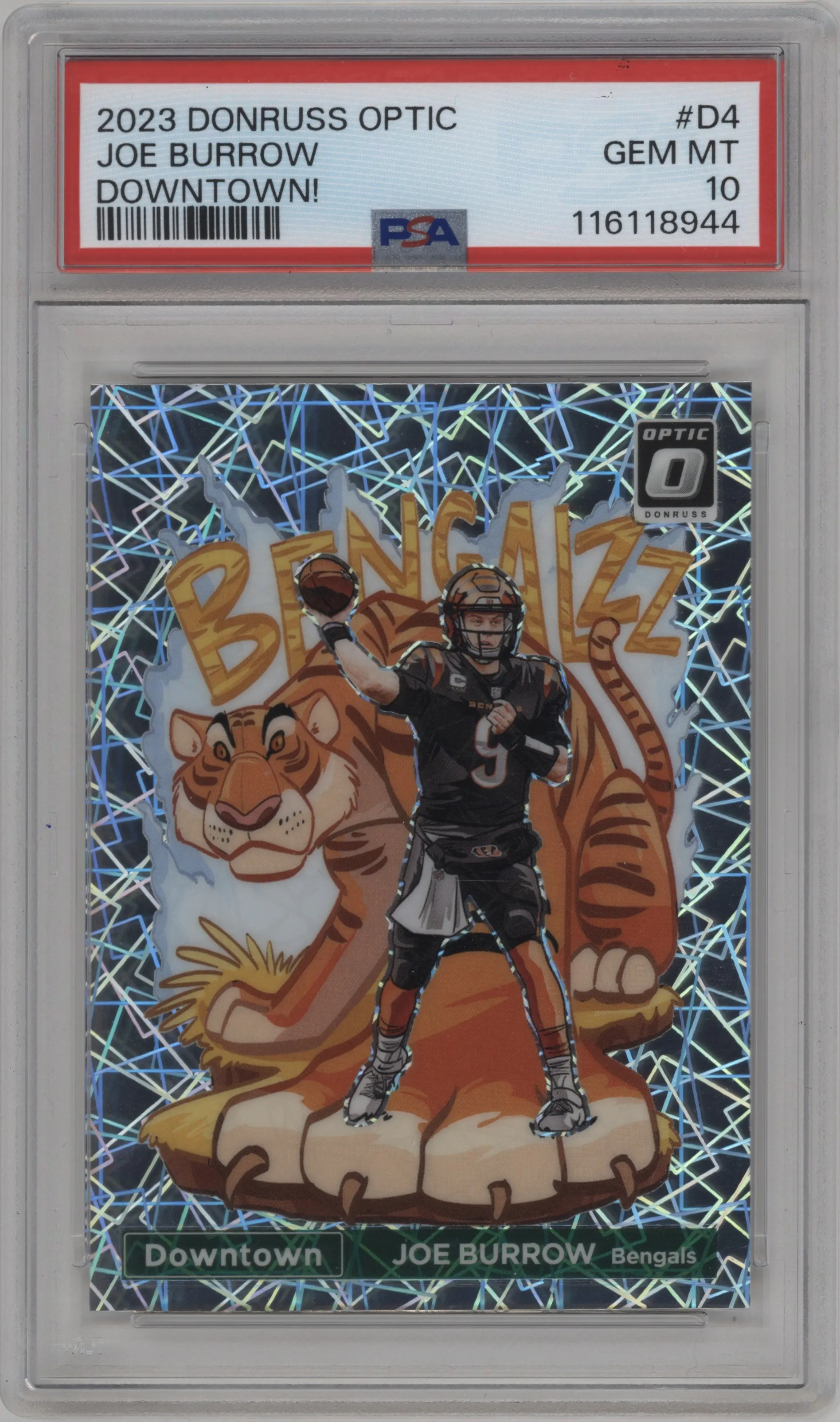 Joe Burrow from the 2023 Donruss Optic set graded by PSA and given an overall grade of 10.