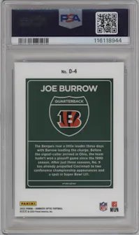 Joe Burrow from the 2023 Donruss Optic set graded by PSA and given an overall grade of 10.