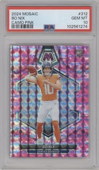 Bo Nix from the 2024 Panini Mosaic set featuring a Pink Camo parallel graded by PSA and given an overall grade of 10.