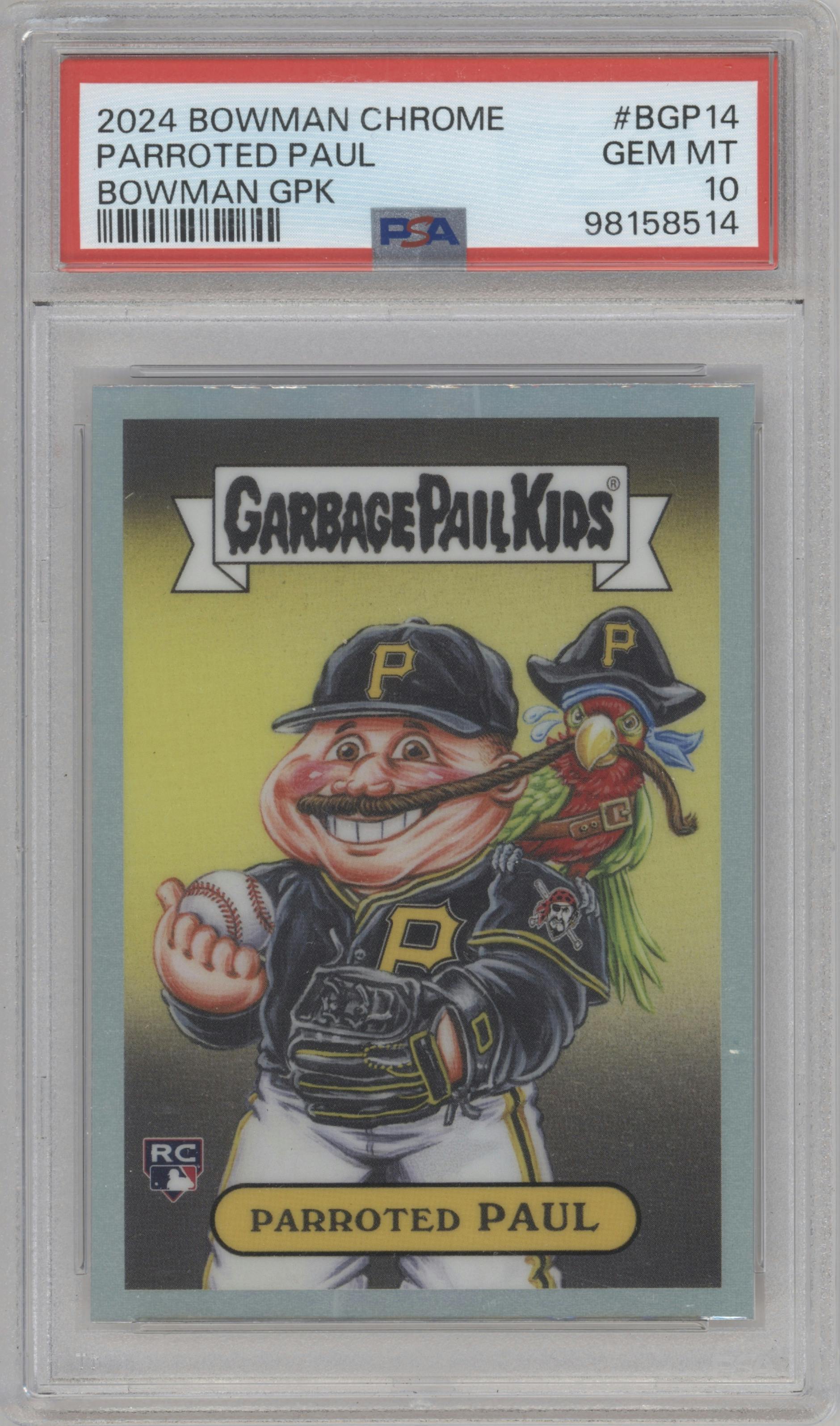 Parroted Paul from the 2024 Bowman Chrome set graded by PSA and given an overall grade of 10.