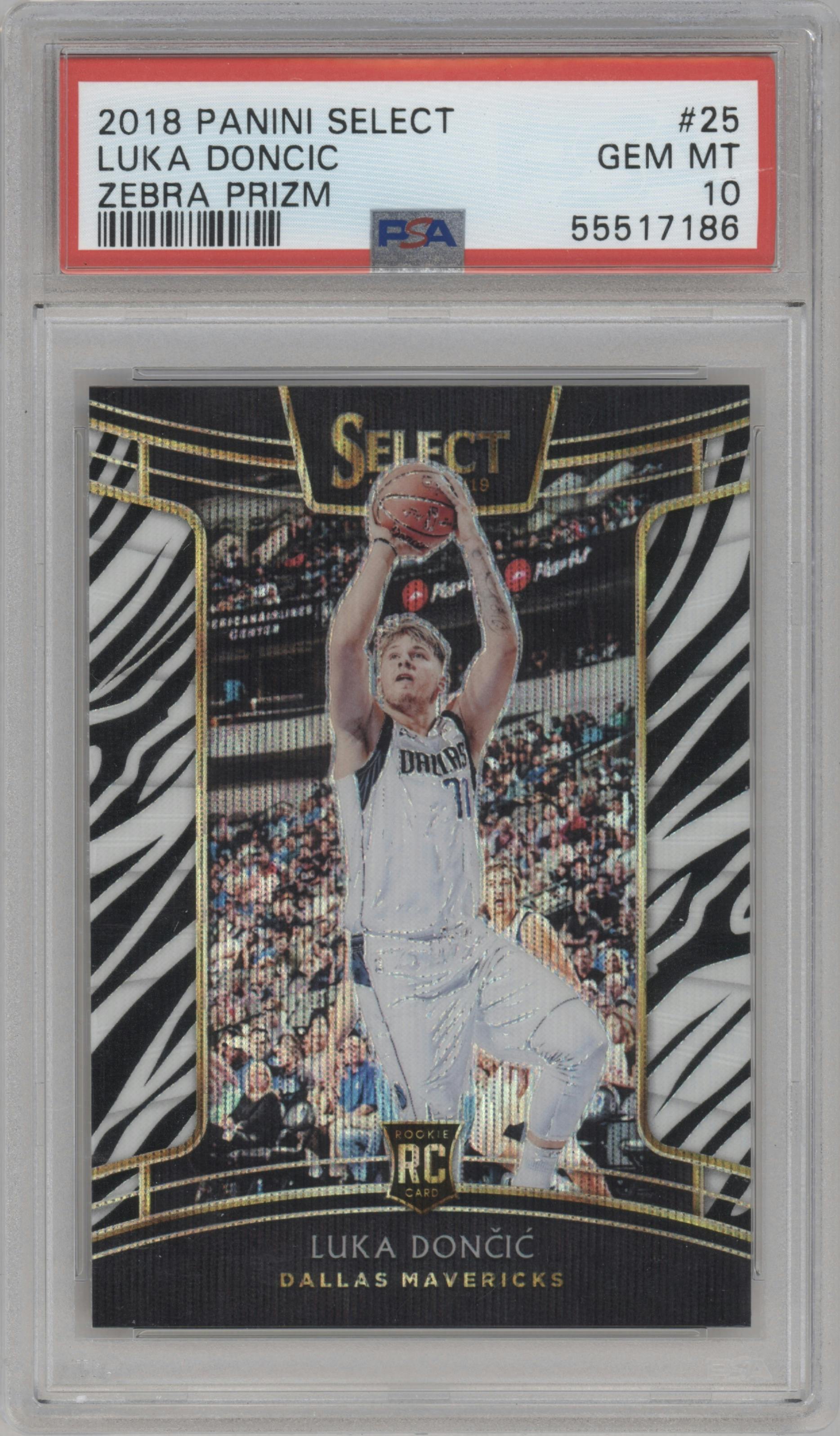 Luka Doncic from the 2018-19 Panini Select  set featuring a Zebra parallel graded by PSA and given an overall grade of 10.