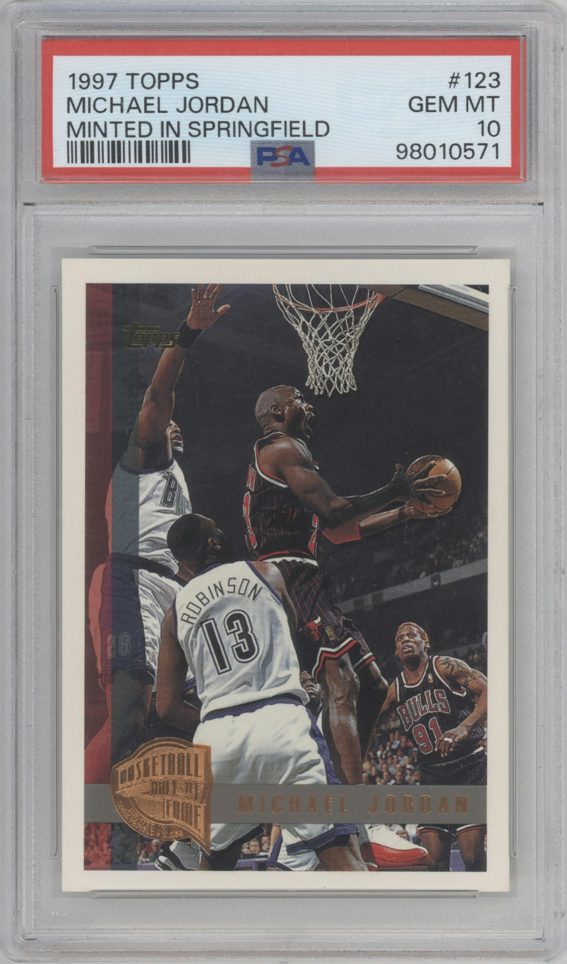 Michael Jordan from the 1997-98 Topps  set graded by PSA and given an overall grade of 10.