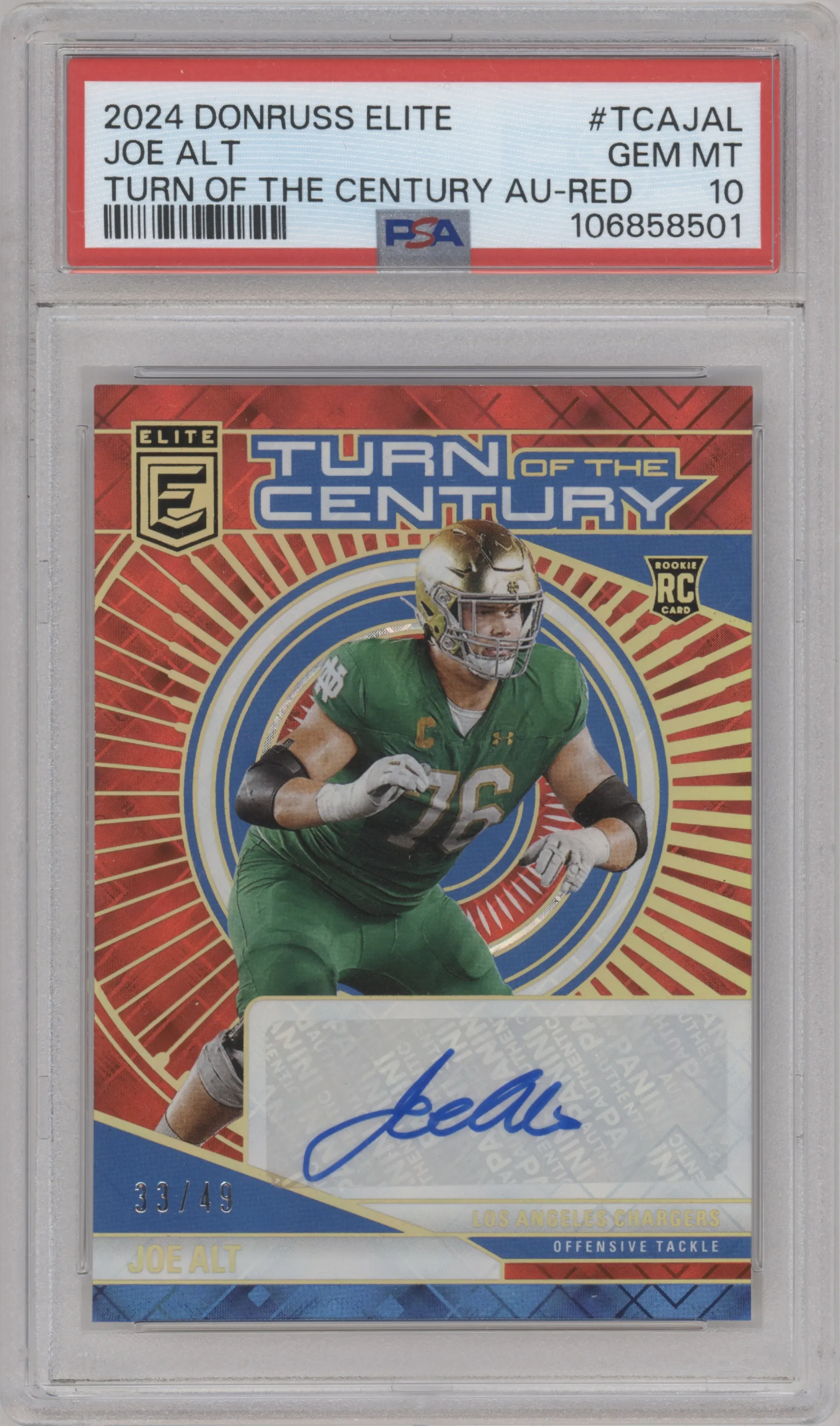 Joe Alt from the 2024 Panini Donruss Elite set featuring a Red parallel graded by PSA and given an overall grade of 10.