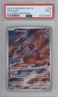 Groudon from the 2023 Pokemon SV set graded by PSA and given an overall grade of 9.