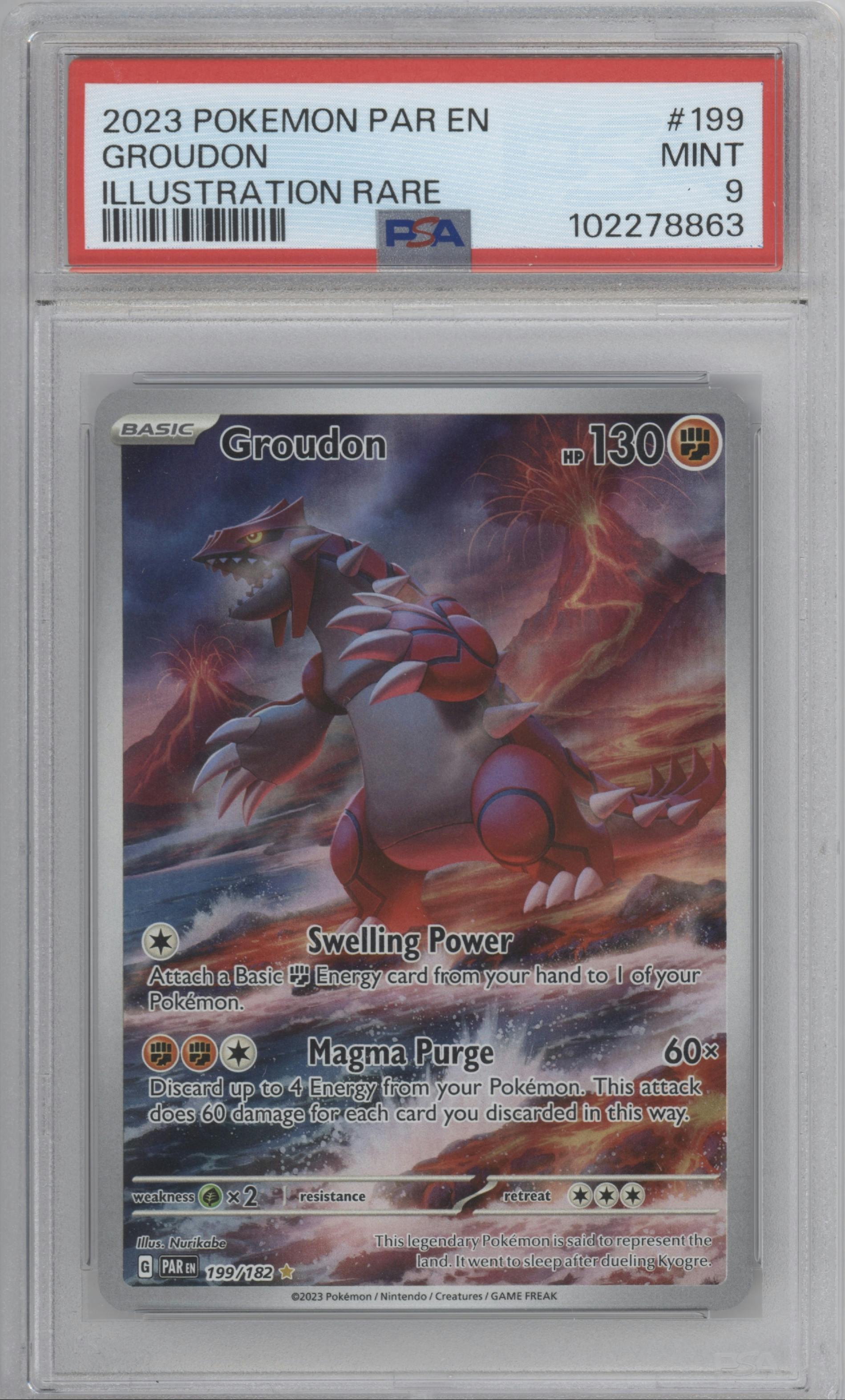 Groudon from the 2023 Pokemon SV set graded by PSA and given an overall grade of 9.