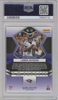 Lamar Jackson from the 2022 Panini Mosaic set featuring a Genesis parallel graded by PSA and given an overall grade of 9.