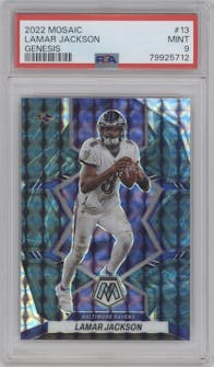 Lamar Jackson from the 2022 Panini Mosaic set featuring a Genesis parallel graded by PSA and given an overall grade of 9.