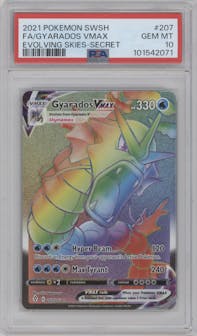 Gyarados VMAX from the 2021 Pokemon SWSH set graded by PSA and given an overall grade of 10.