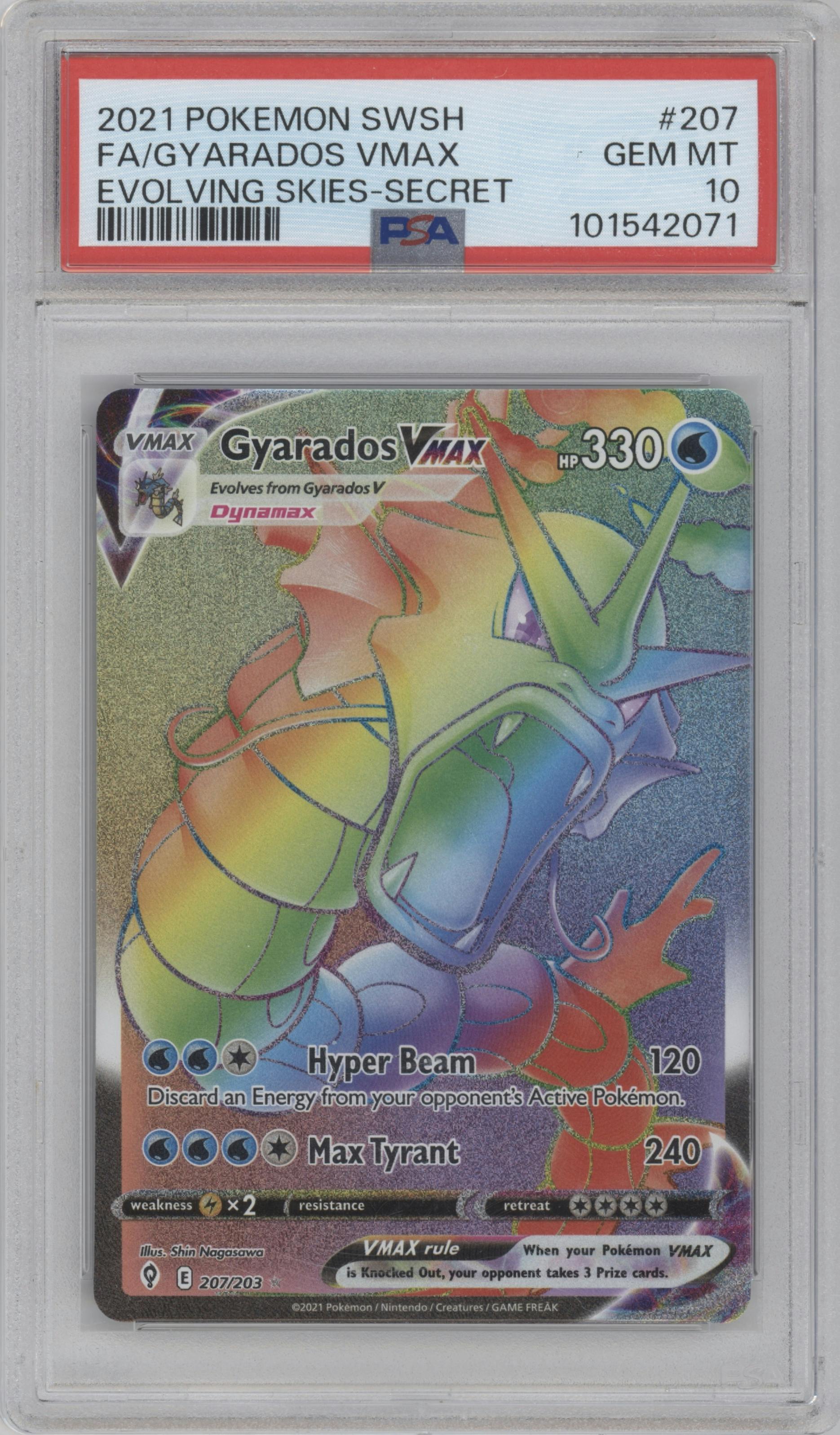 Gyarados VMAX from the 2021 Pokemon SWSH set graded by PSA and given an overall grade of 10.