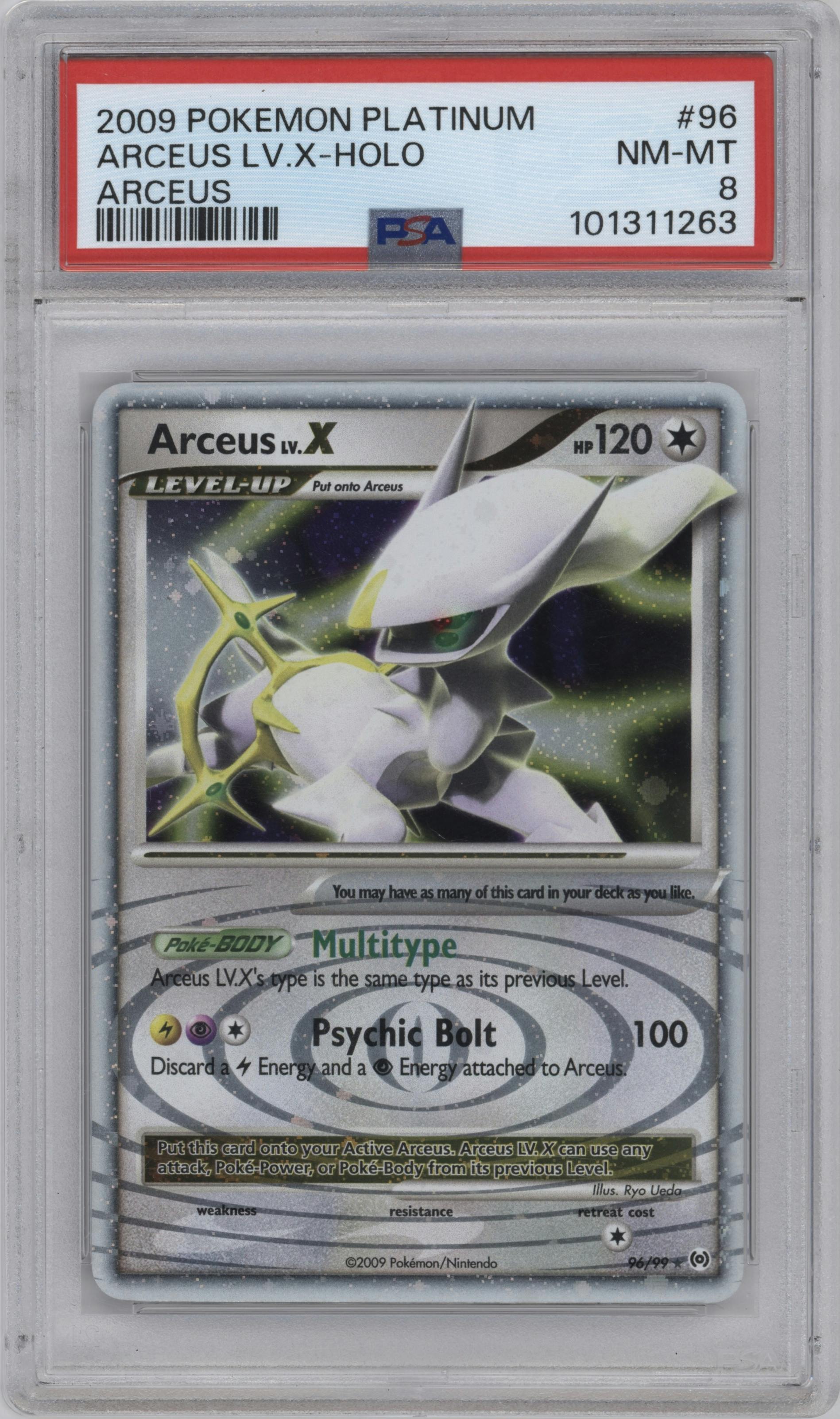 Arceus LV. X from the 2009 Pokemon Platinum set graded by PSA and given an overall grade of 8.