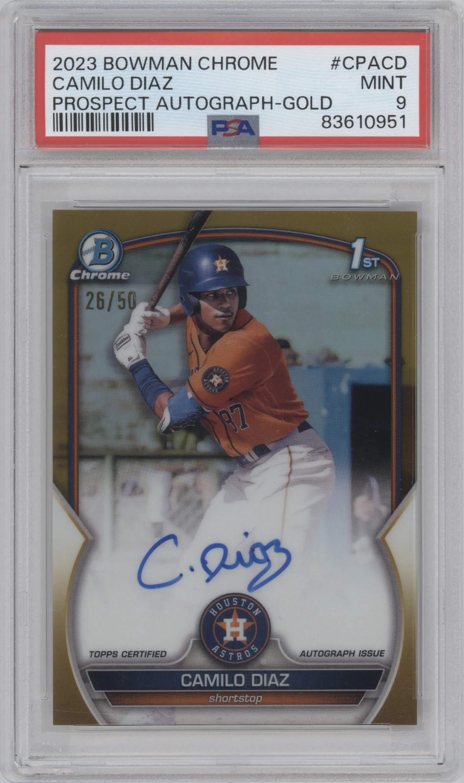 2023 Bowman Chrome Chr.Pros.Auto Camilo Diaz Gold Refractor #CPA-CD PSA 9