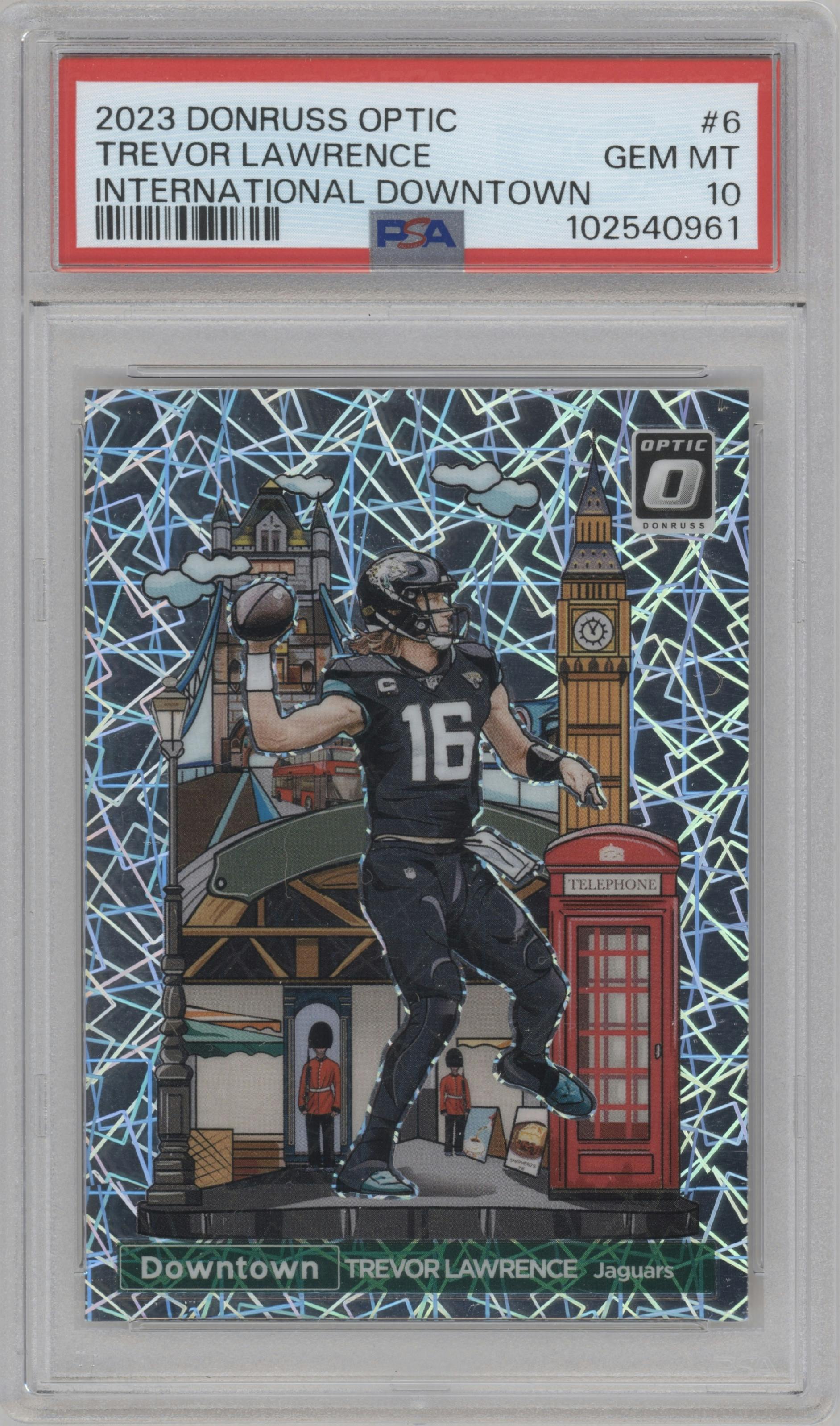 Trevor Lawrence from the 2023 Donruss Optic set graded by PSA and given an overall grade of 10.