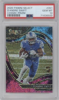 D'Andre Swift from the 2020 Panini Select set featuring a Cosmic parallel graded by PSA and given an overall grade of 10.