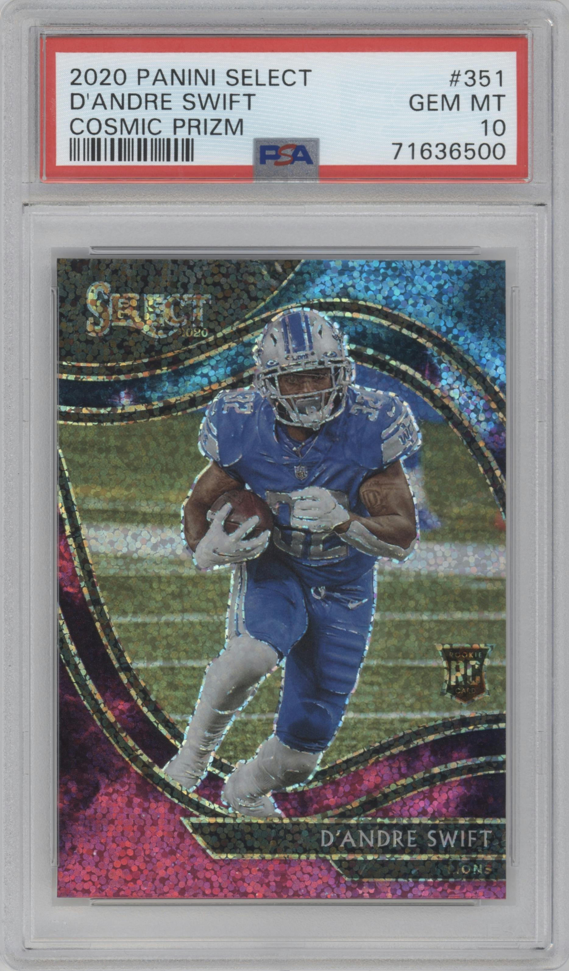 D'Andre Swift from the 2020 Panini Select set featuring a Cosmic parallel graded by PSA and given an overall grade of 10.