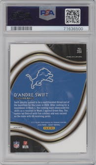 D'Andre Swift from the 2020 Panini Select set featuring a Cosmic parallel graded by PSA and given an overall grade of 10.
