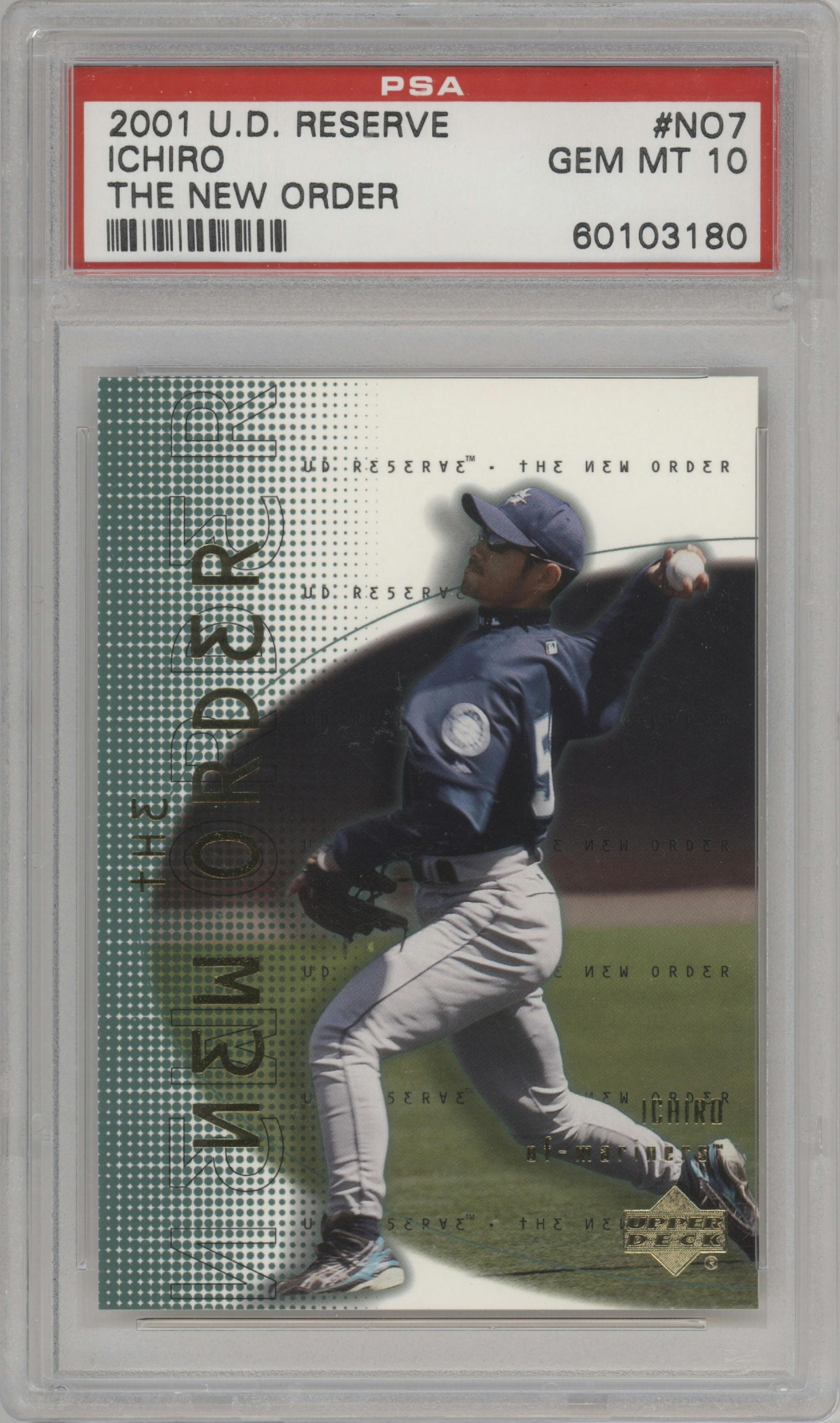 Ichiro Suzuki  from the 2001 UD Reserve set graded by PSA and given an overall grade of 10.