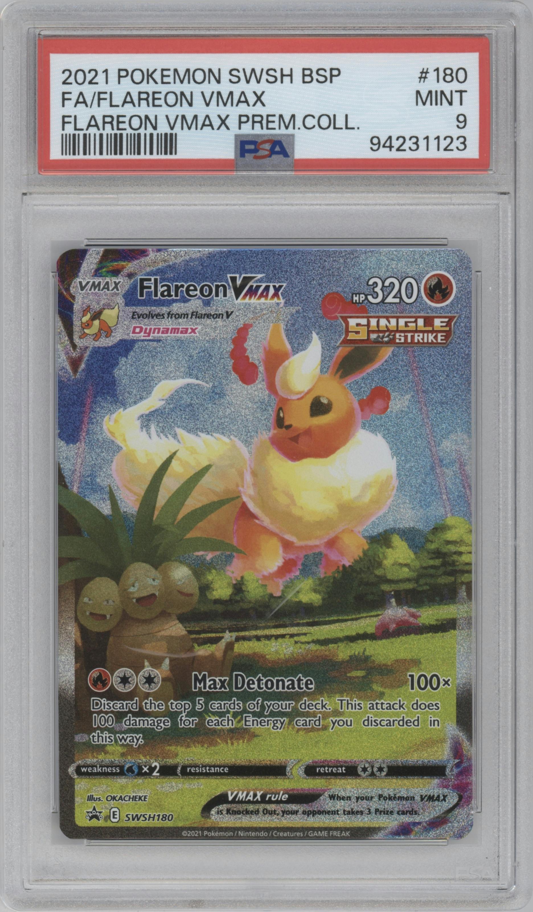 Flareon VMAX from the 2021 Pokemon SWSH set featuring a Flareon VMAX Premium Collection parallel graded by PSA and given an overall grade of 9.