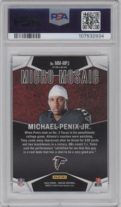 Michael Penix Jr. from the 2024 Panini Mosaic set graded by PSA and given an overall grade of 9.