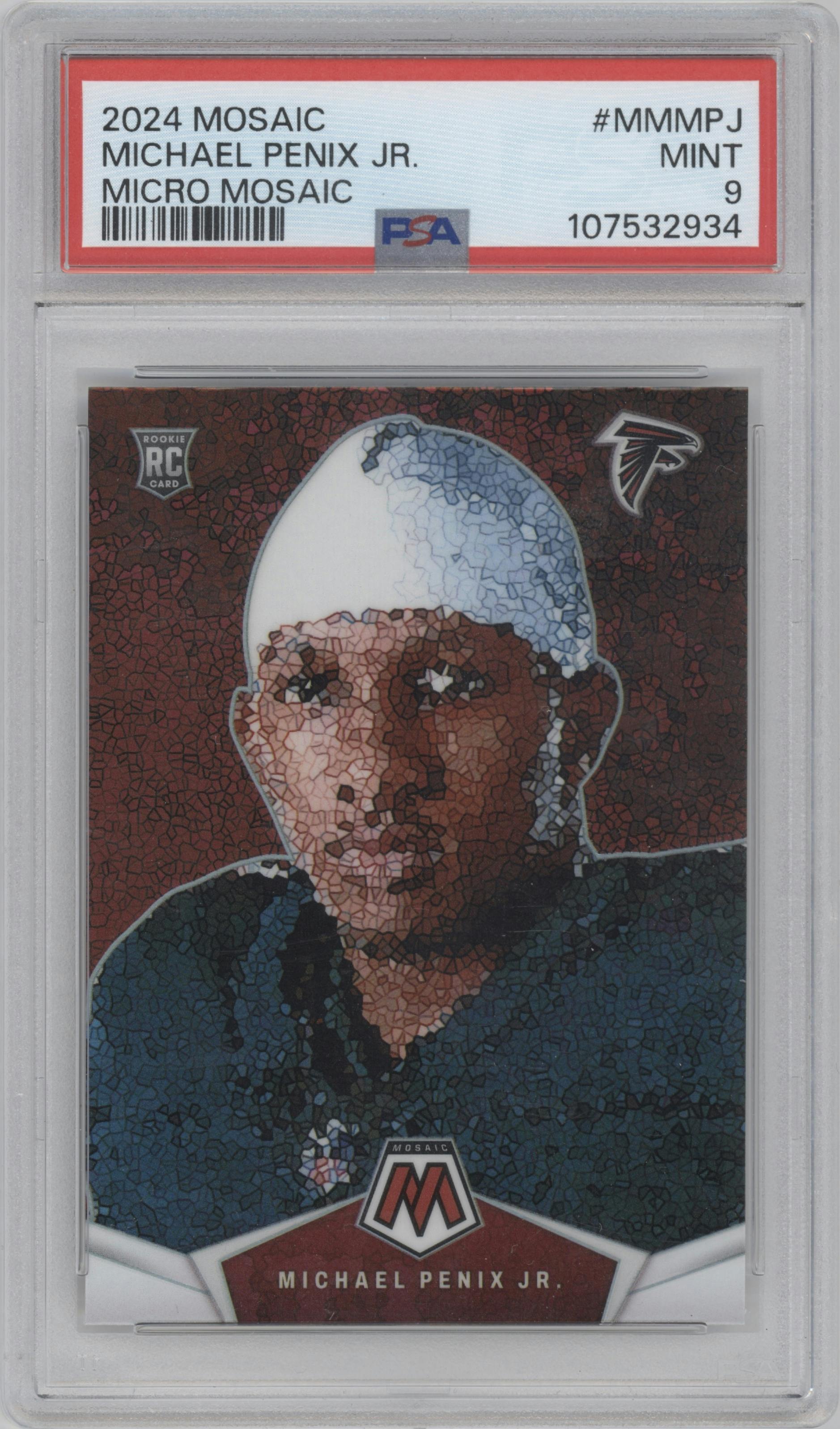 Michael Penix Jr. from the 2024 Panini Mosaic set graded by PSA and given an overall grade of 9.