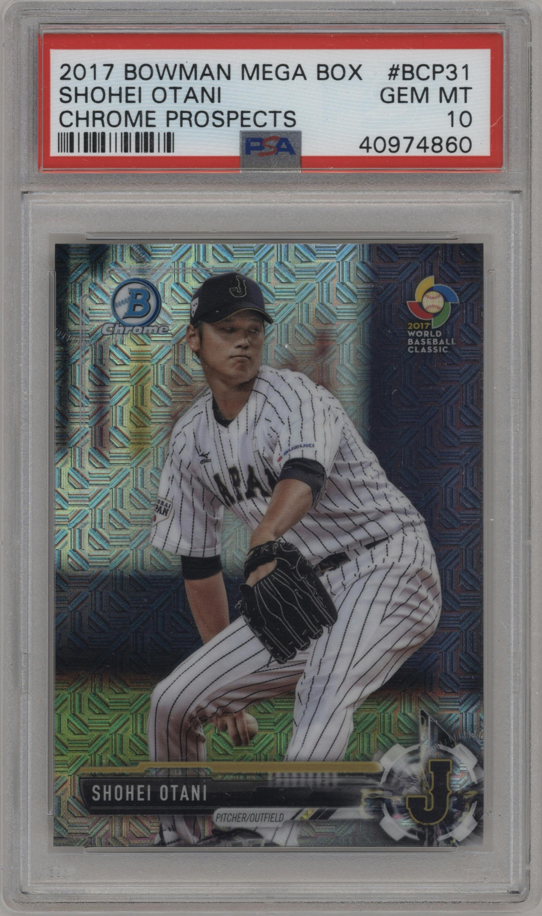 Shohei Ohtani from the 2017 Bowman Mega Box Chrome set graded by PSA and given an overall grade of 10.