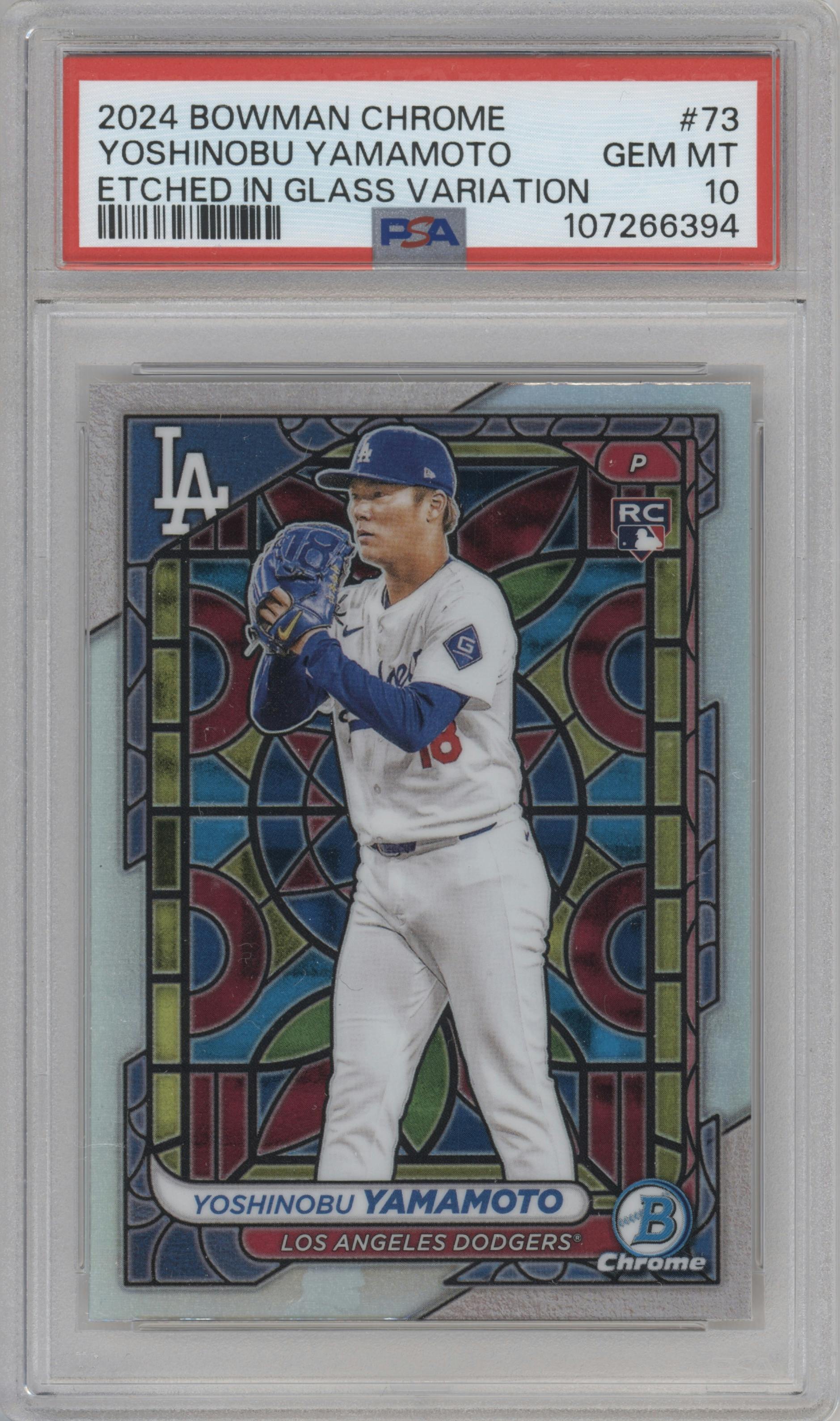 Yoshinobu Yamamoto from the 2024 Bowman Chrome set graded by PSA and given an overall grade of 10.