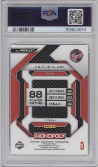 Caitlin Clark from the 2024 Panini Prizm Monopoly WNBA set featuring a Free Parking parallel graded by PSA and given an overall grade of 10.