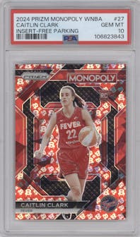 Caitlin Clark from the 2024 Panini Prizm Monopoly WNBA set featuring a Free Parking parallel graded by PSA and given an overall grade of 10.